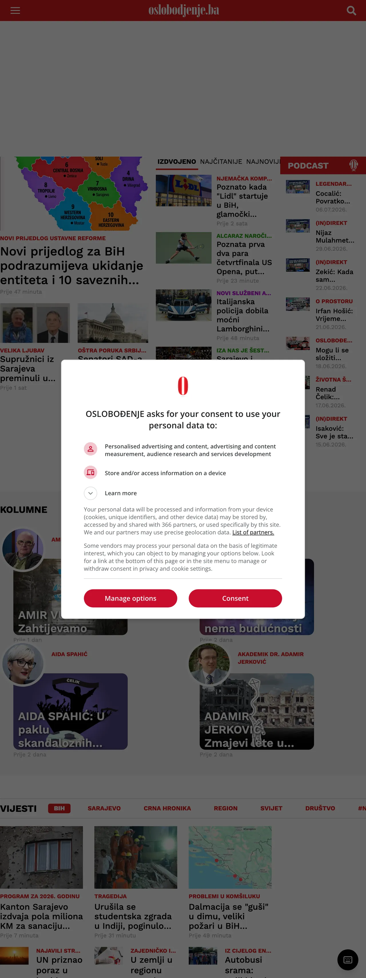 Screenshot of the Oslobođenje front page