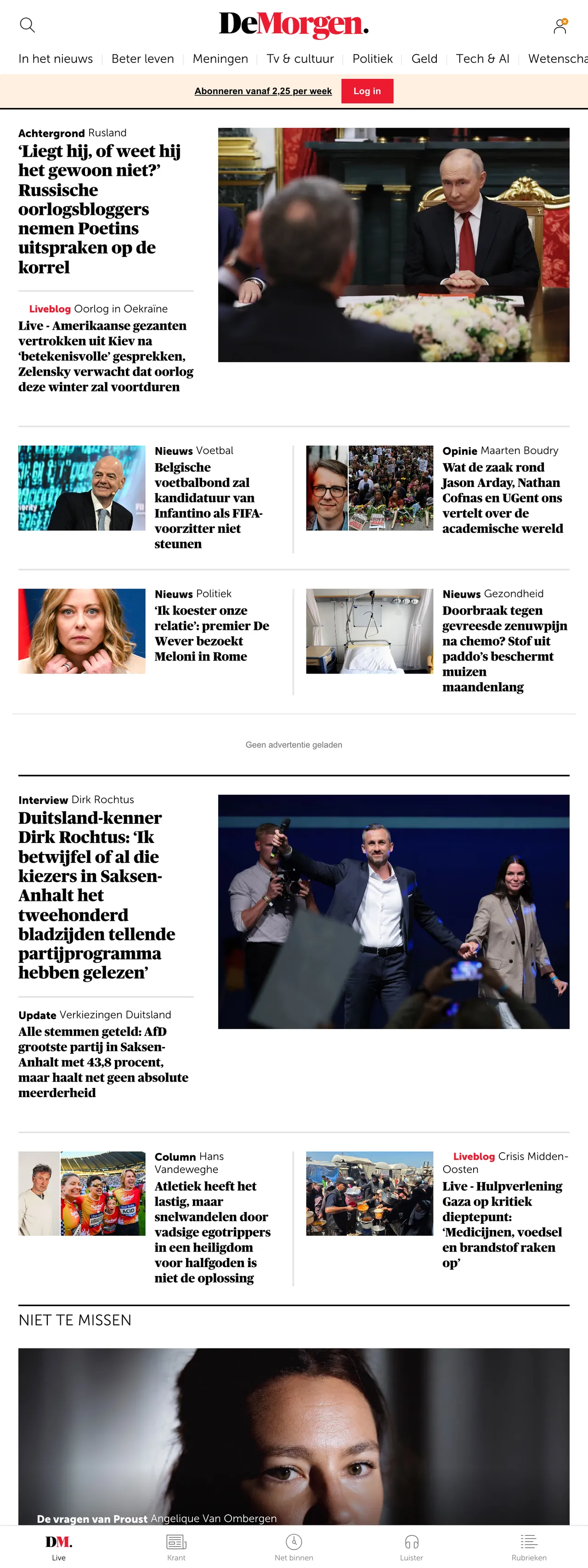 Screenshot of the De Morgen front page