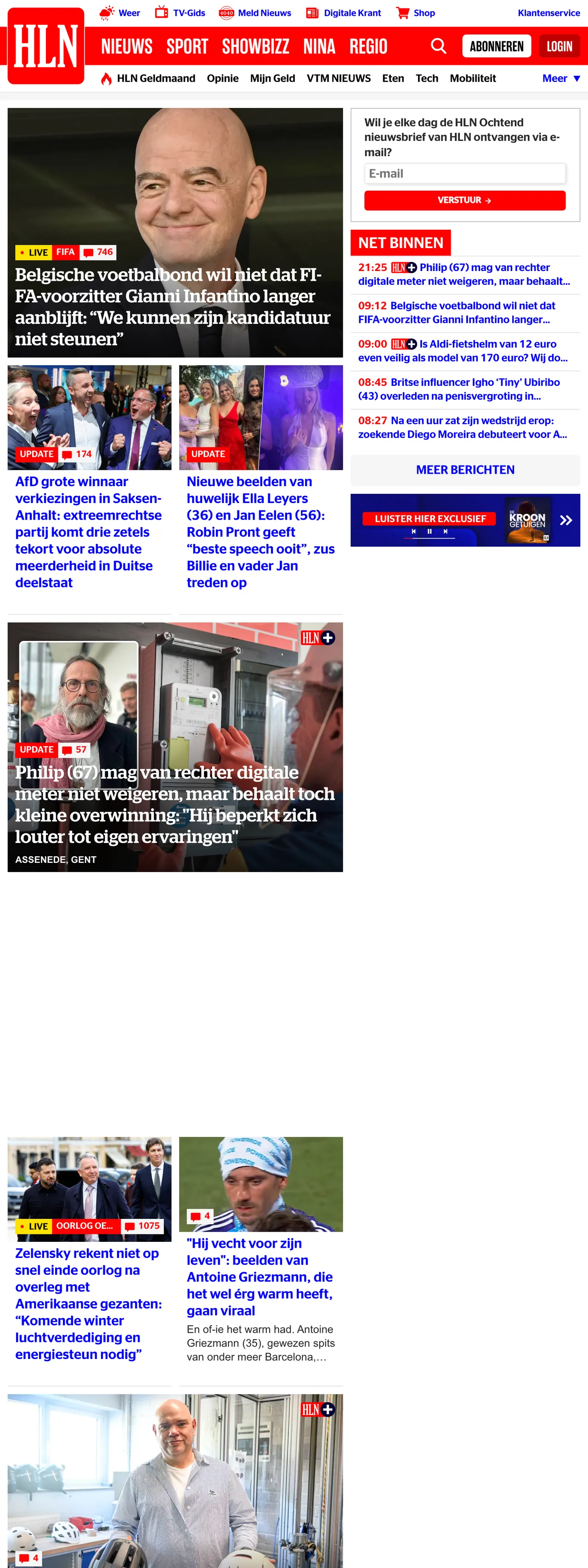 Screenshot of the HLN front page