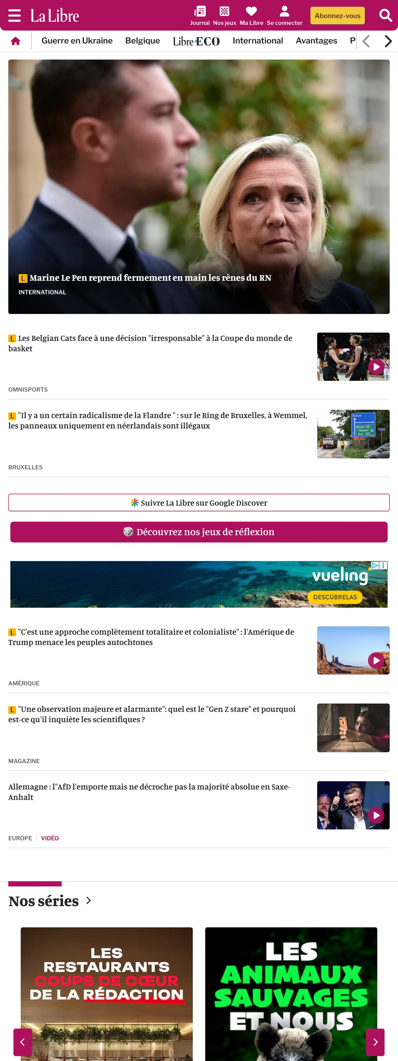 Screenshot of the La Libre front page