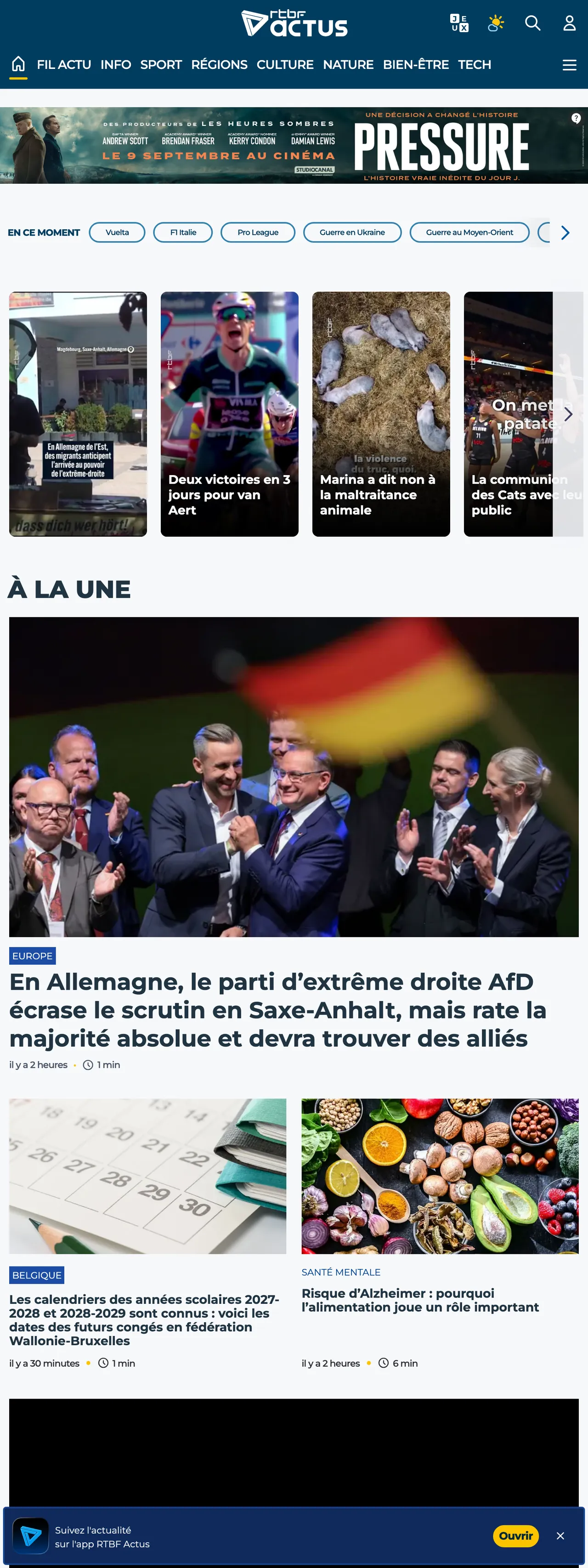 Screenshot of the RTBF front page