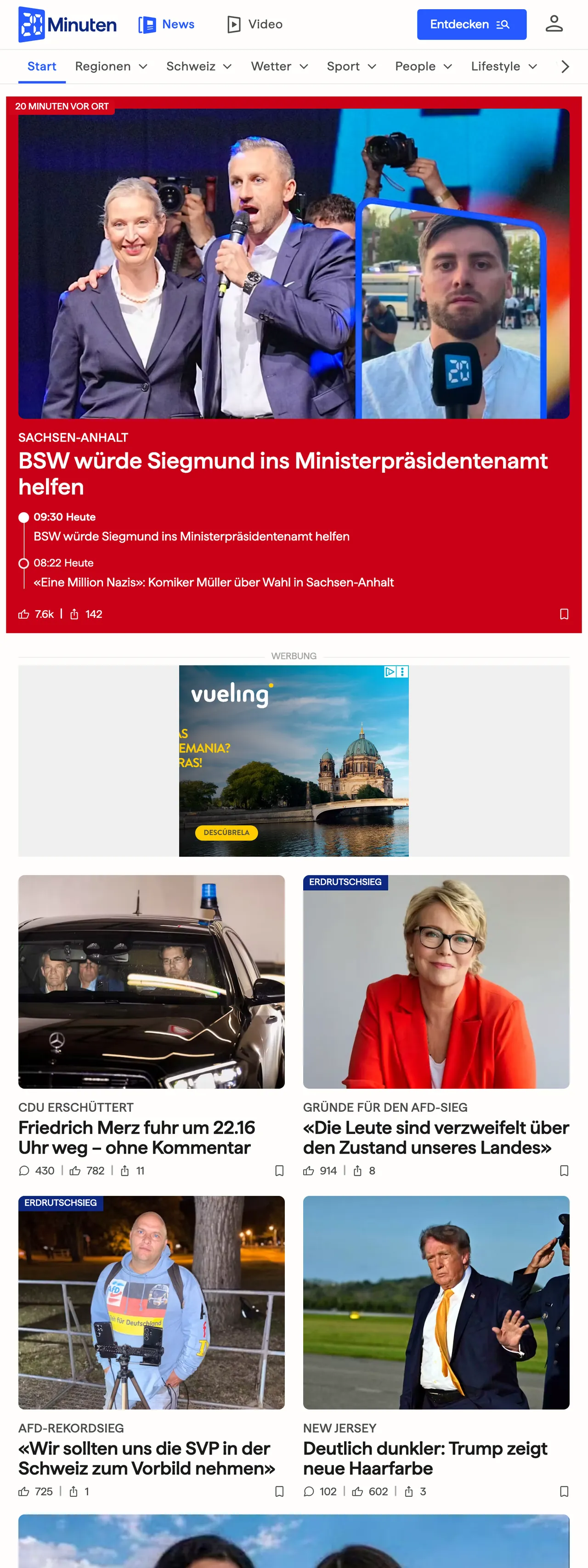 Screenshot of the 20 Minuten front page