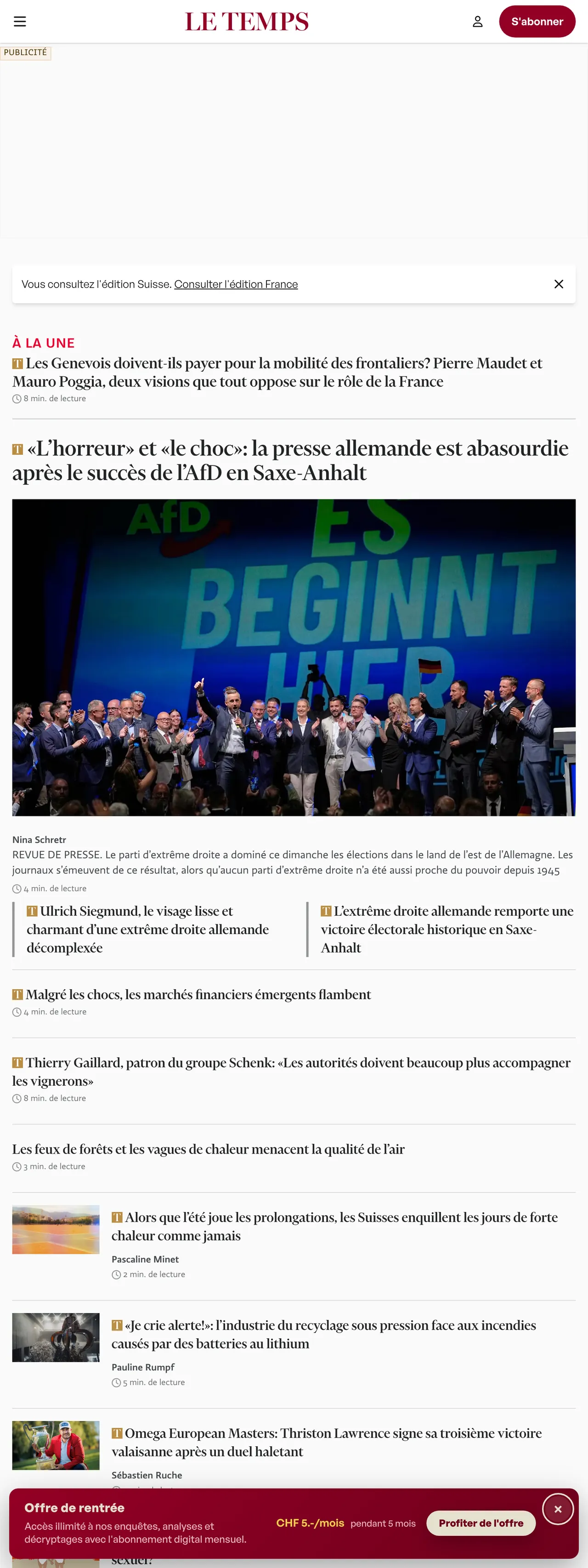 Screenshot of the Le Temps front page