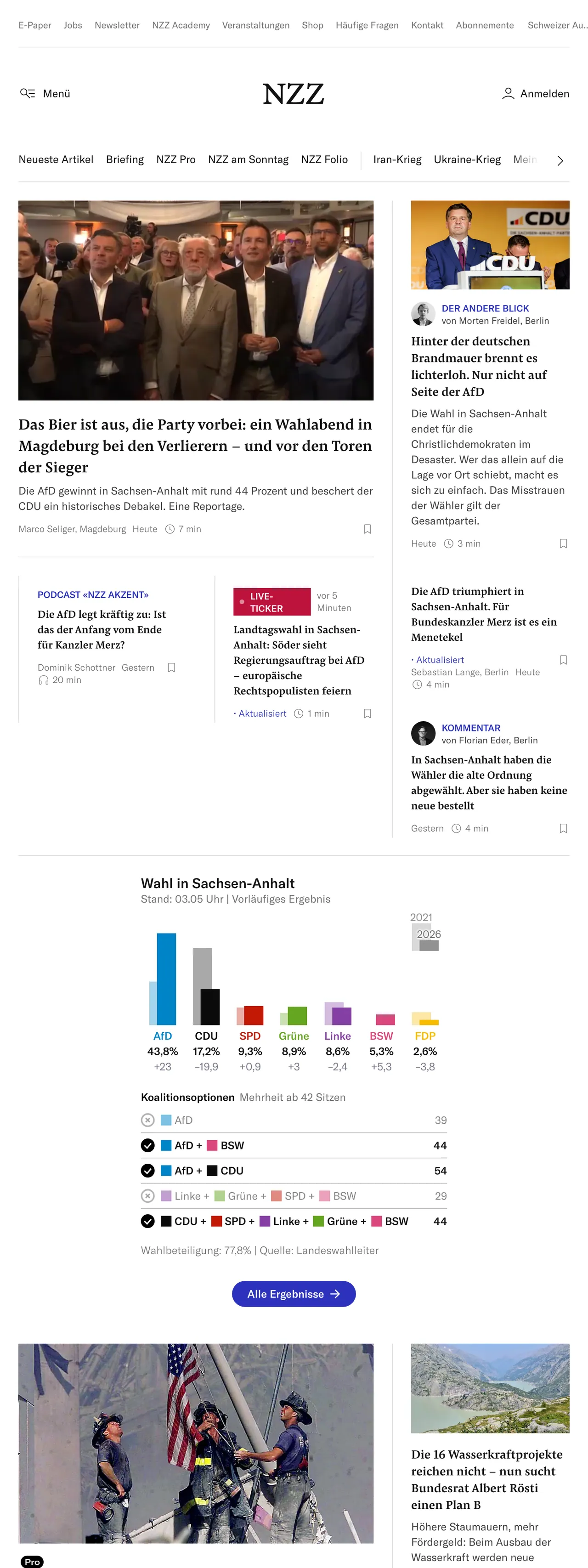 Screenshot of the Neue Zürcher Zeitung front page