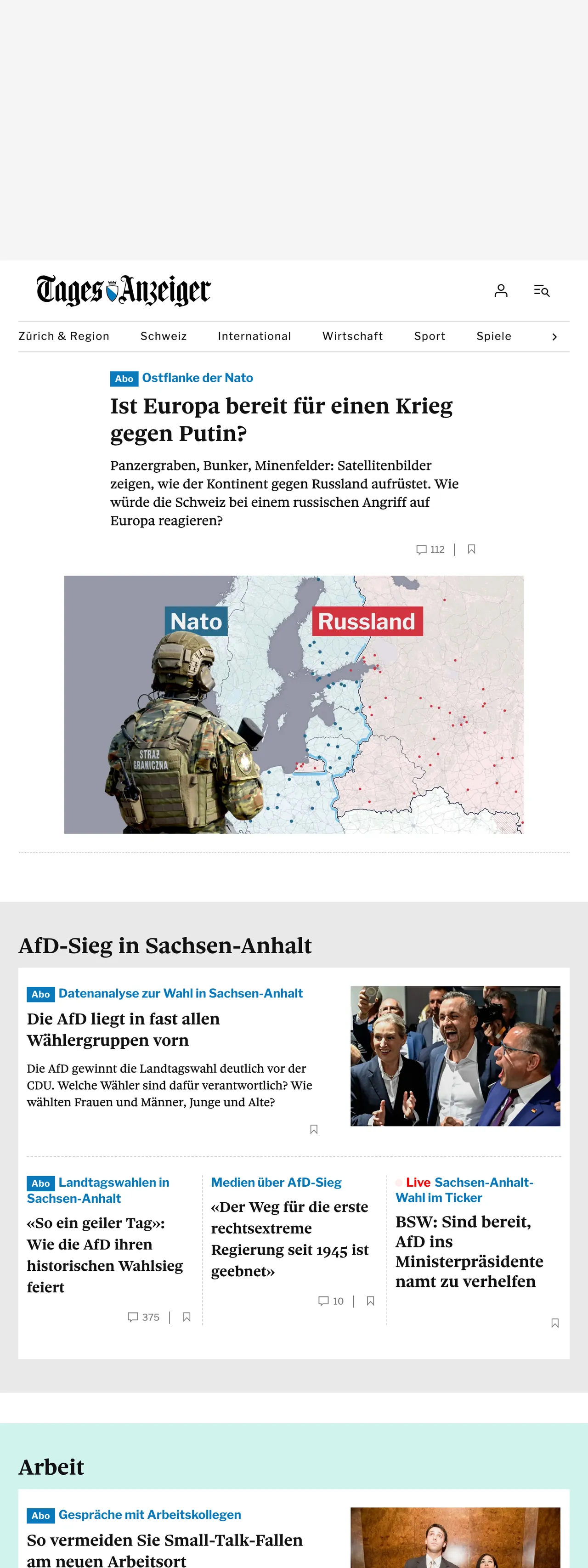 Screenshot of the Tages-Anzeiger front page