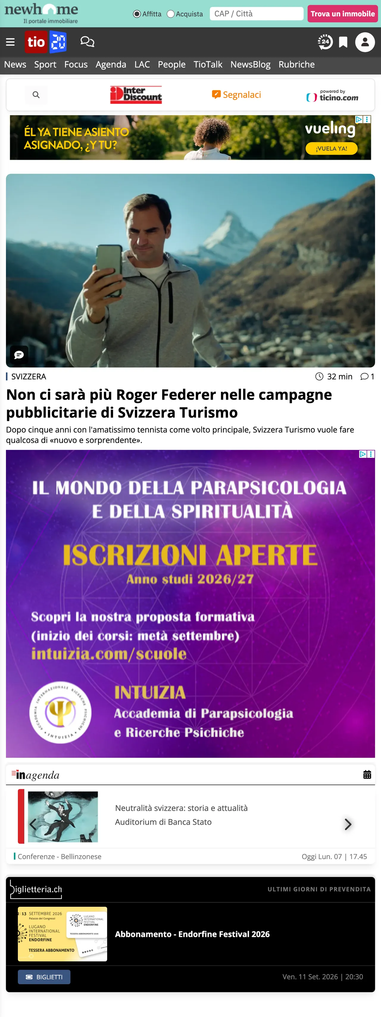 Screenshot of the Ticinonline front page