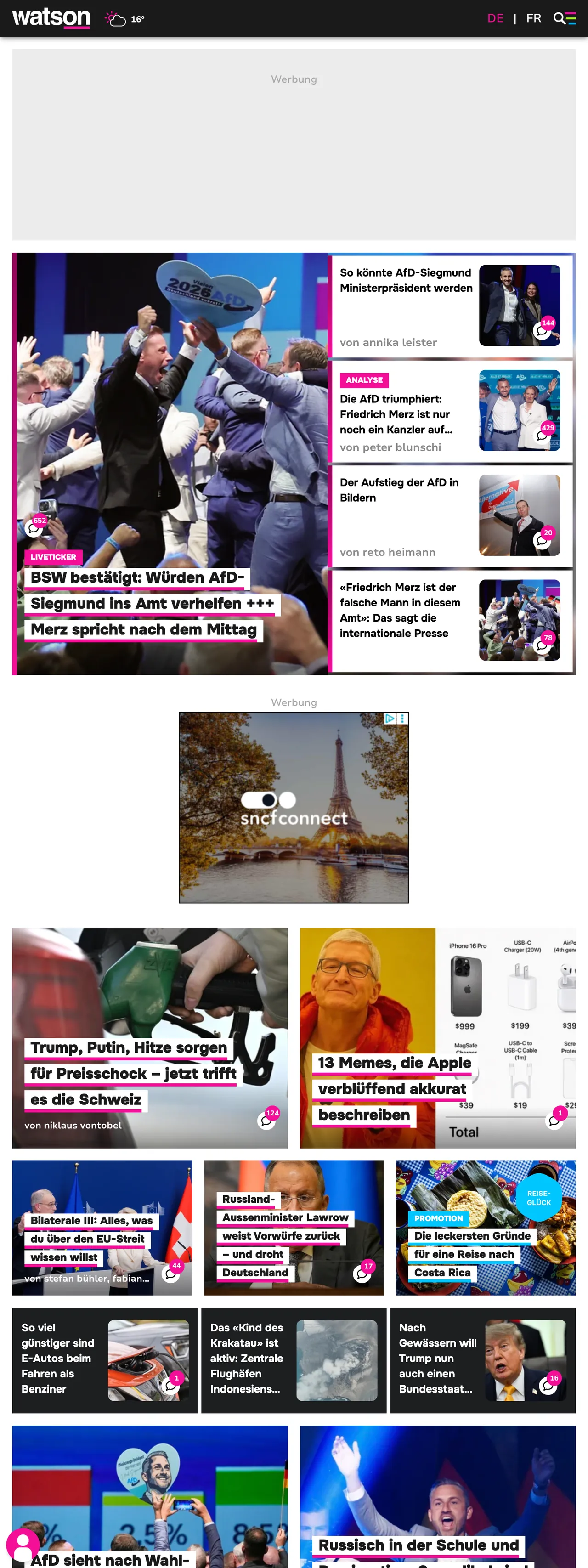Screenshot of the watson front page