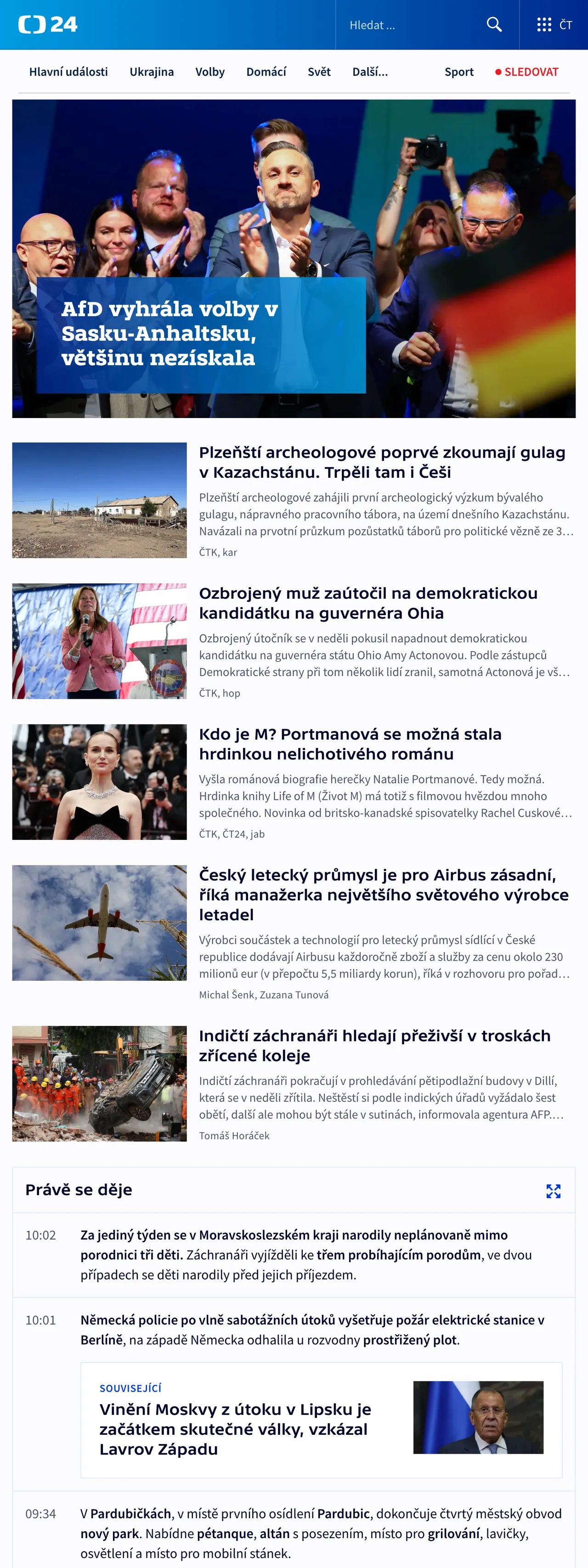 Screenshot of the ČT24 front page