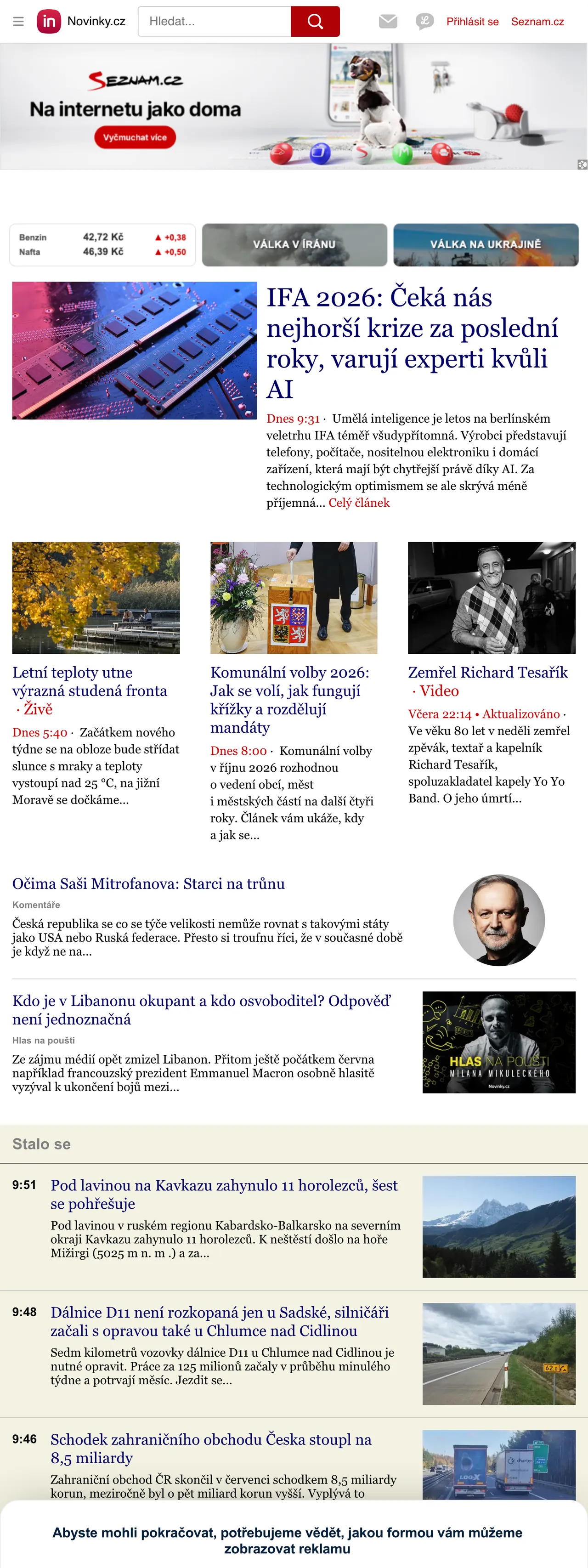 Screenshot of the Novinky.cz front page