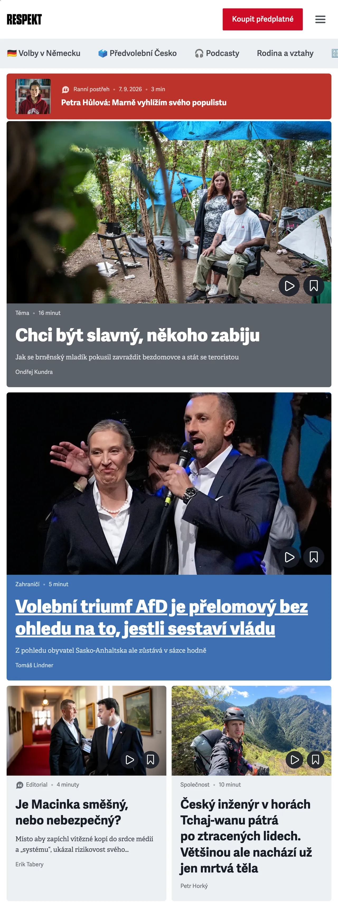 Screenshot of the Respekt front page