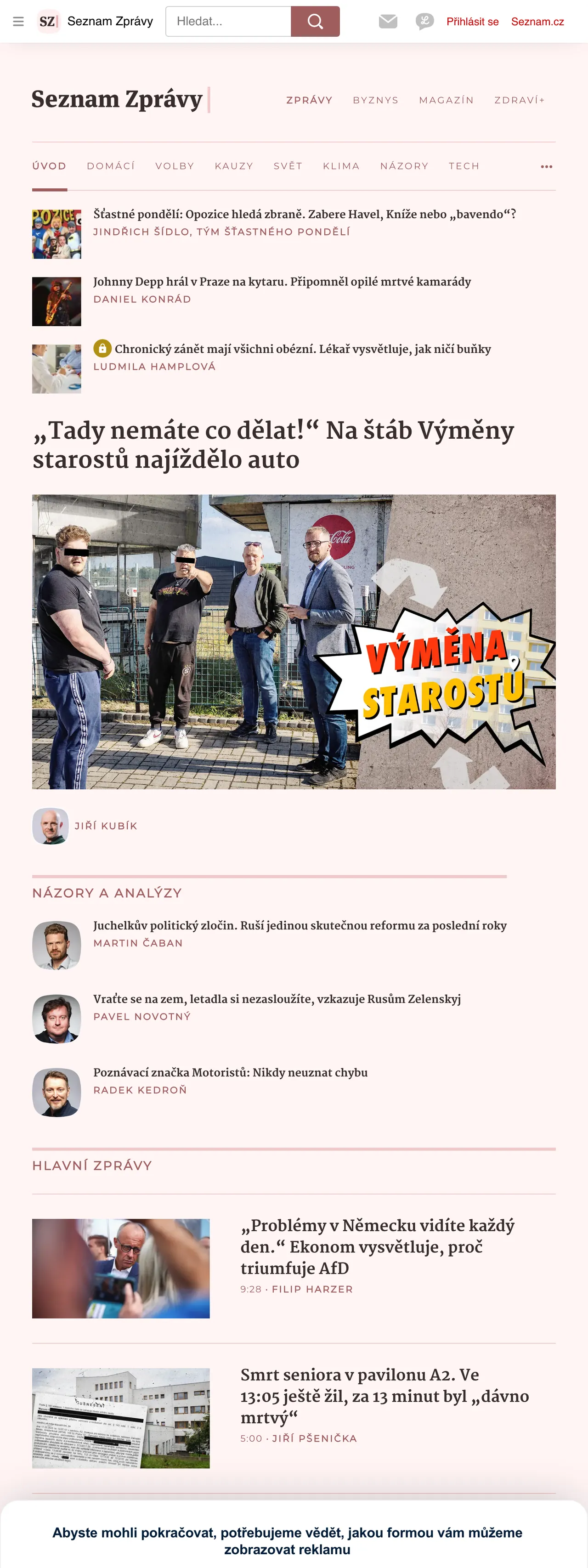 Screenshot of the Seznam Zprávy front page