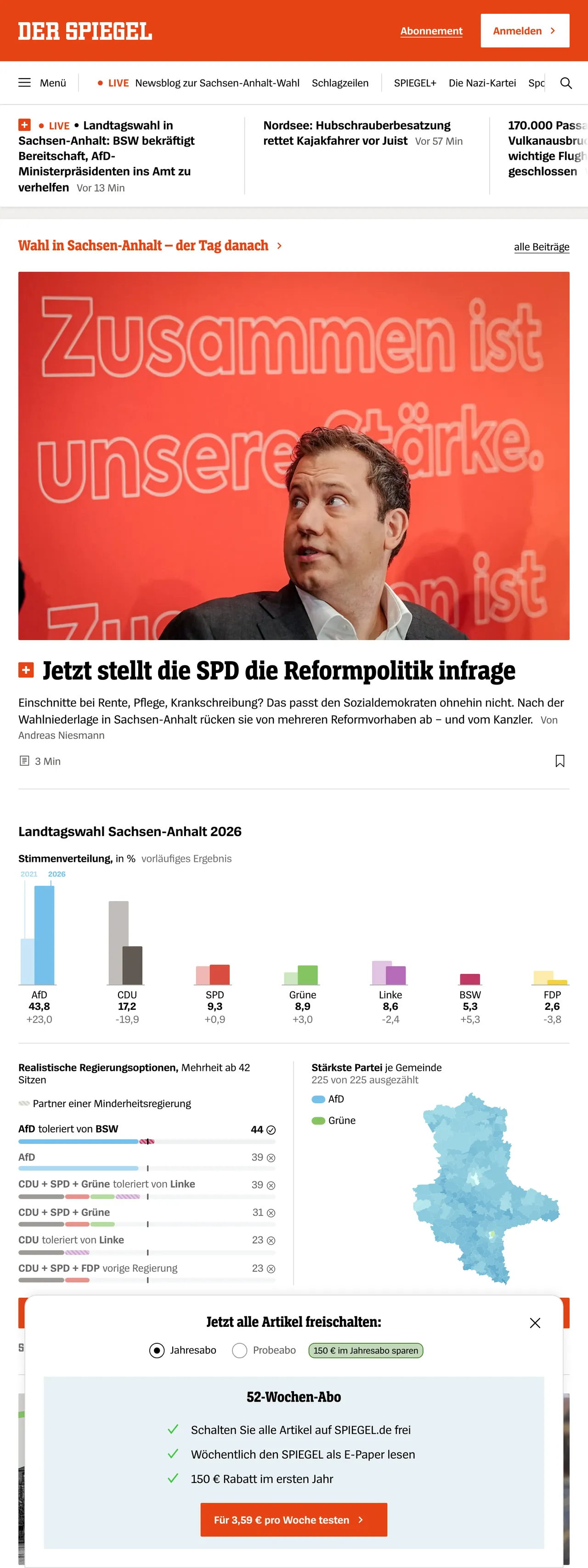 Screenshot of the DER SPIEGEL front page