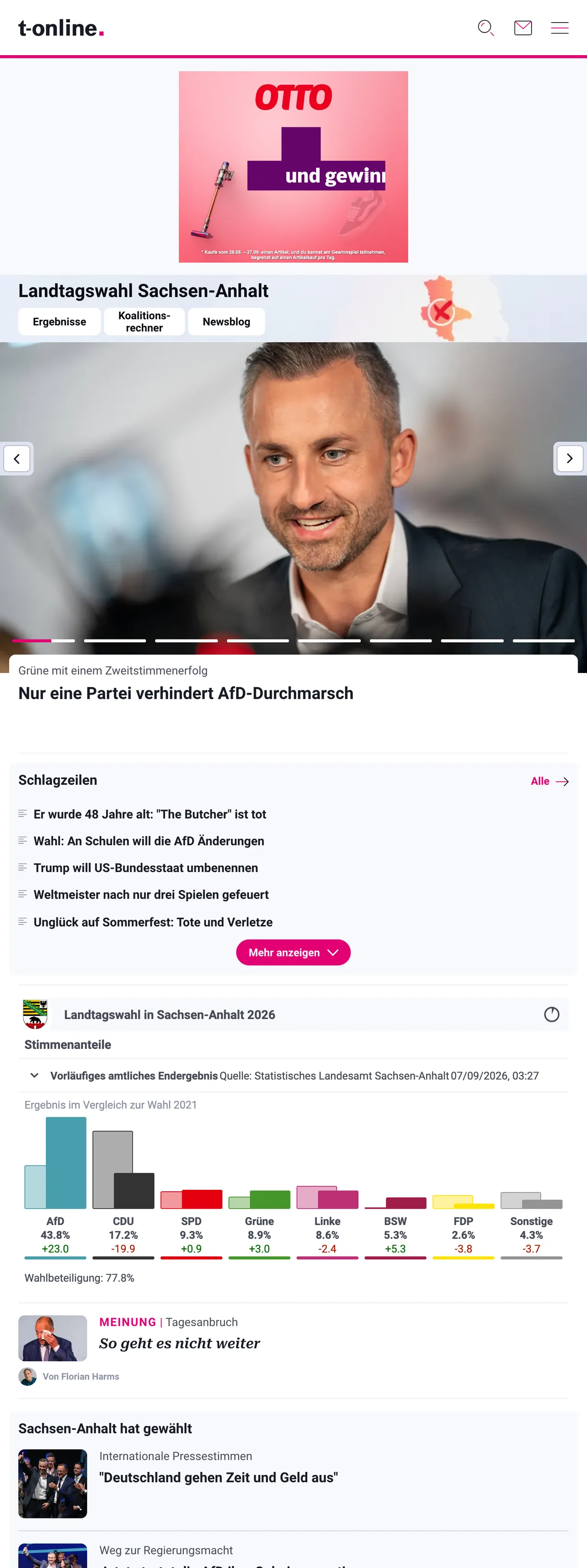 Screenshot of the t-online front page