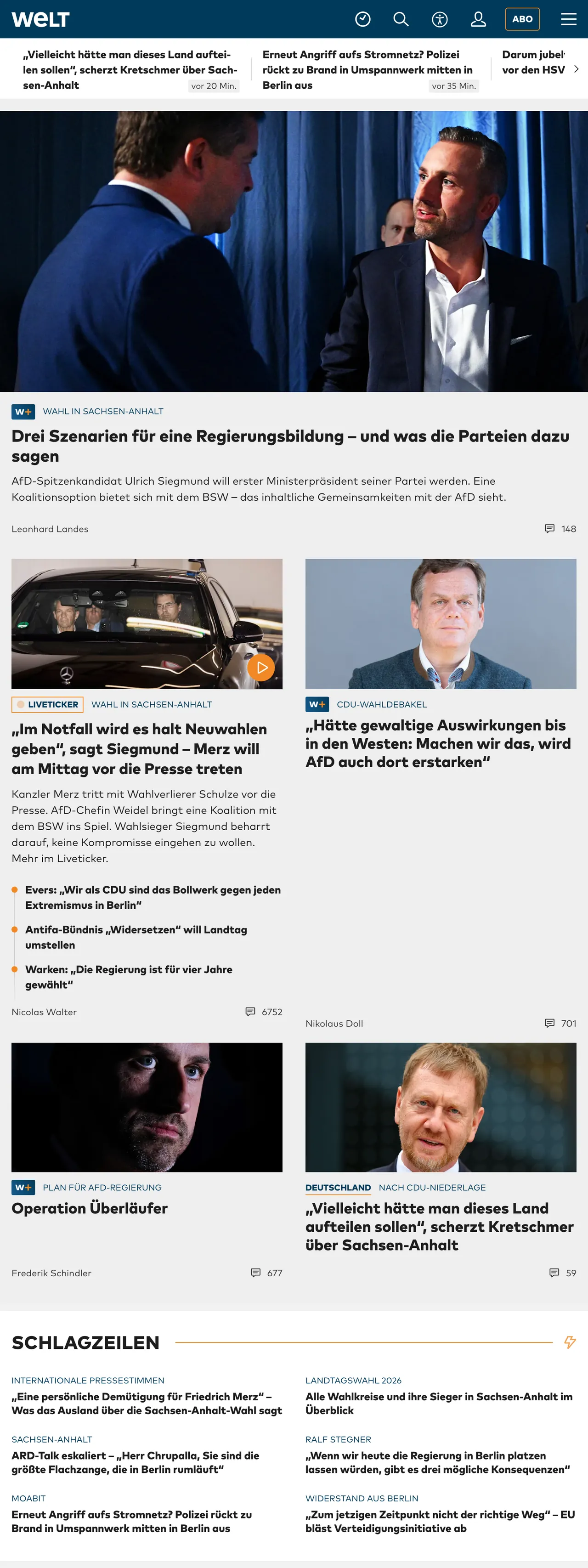 Screenshot of the WELT front page