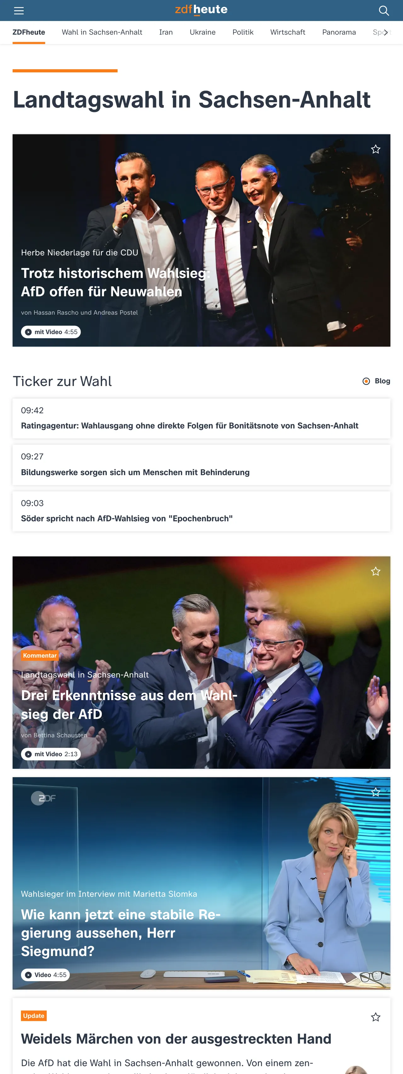 Screenshot of the ZDFheute front page
