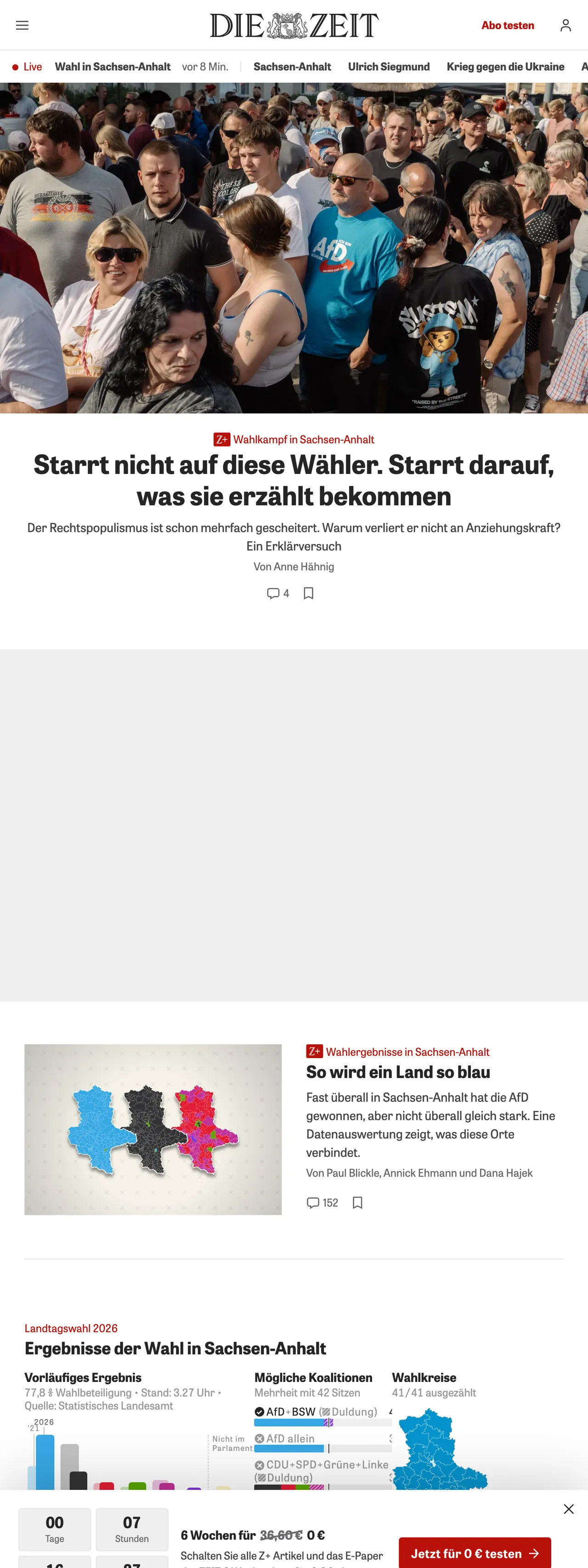 Screenshot of the ZEIT ONLINE front page