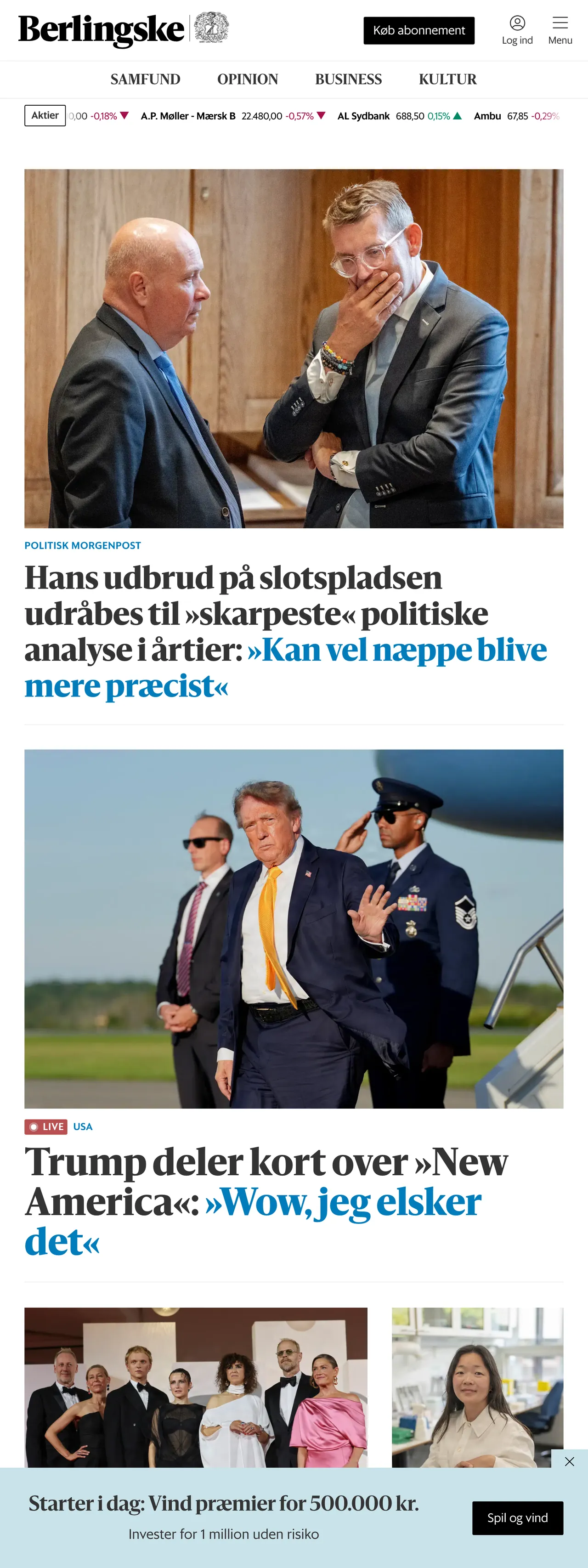 Screenshot of the Berlingske front page