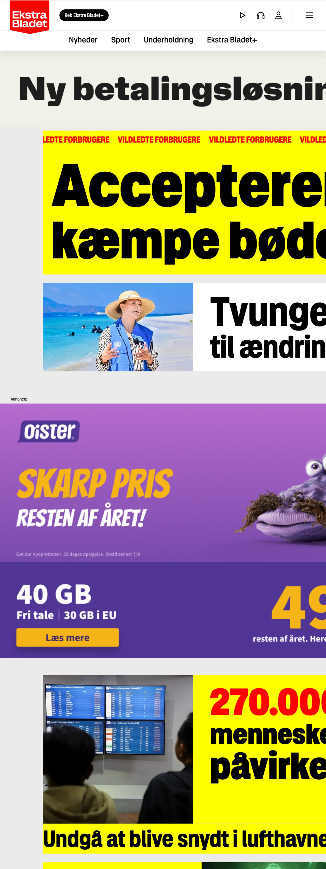 Screenshot of the Ekstra Bladet front page