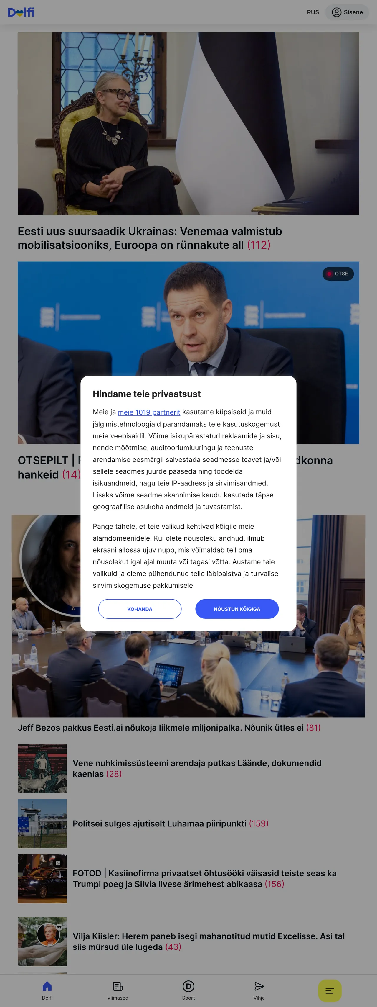 Screenshot of the Delfi front page
