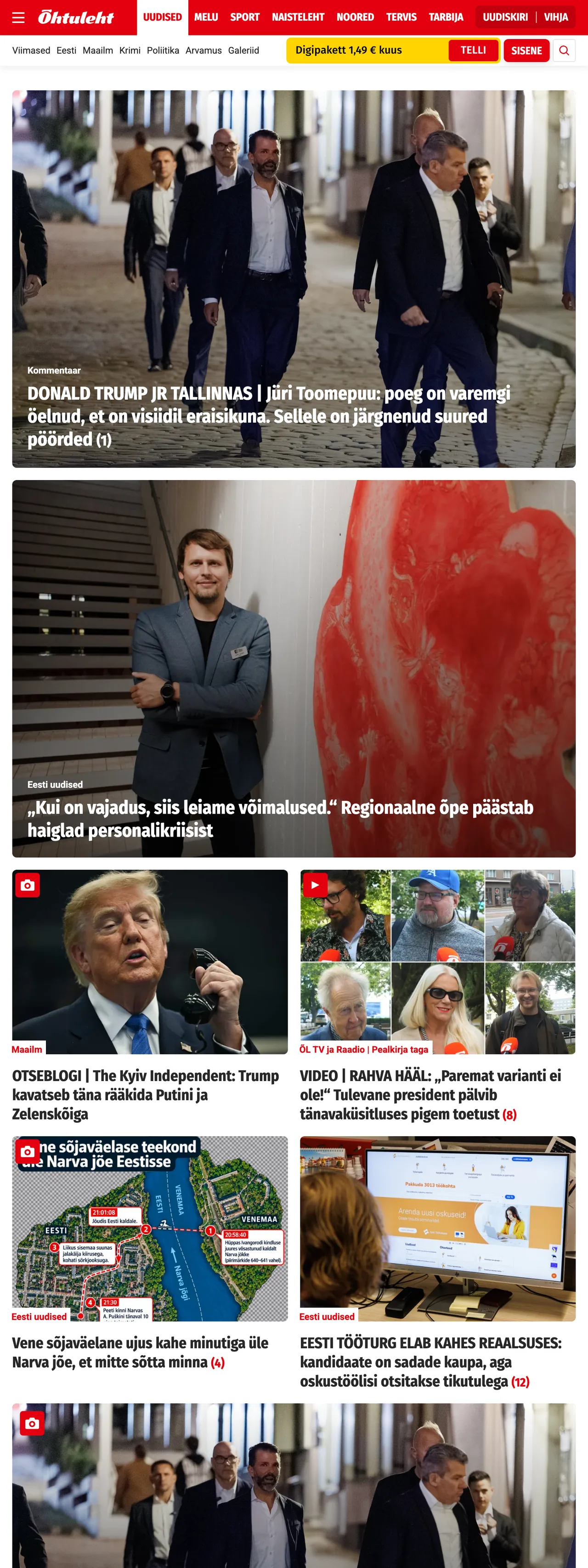 Screenshot of the Õhtuleht front page