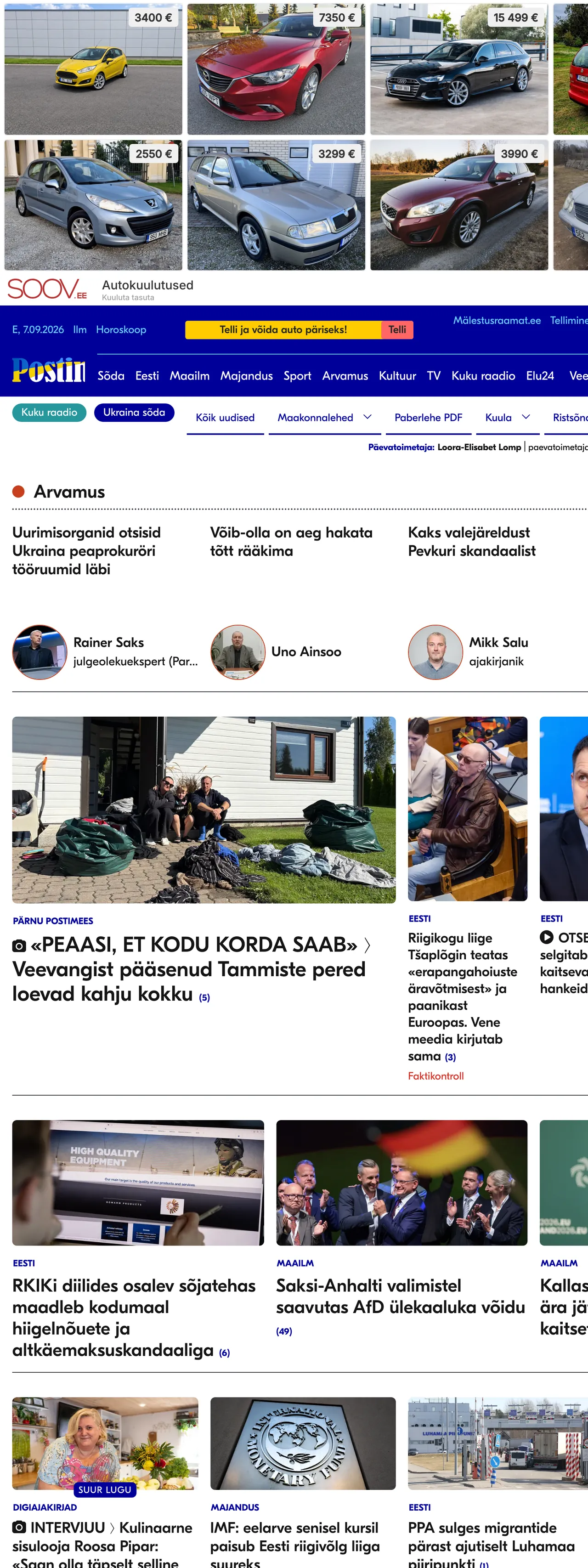 Screenshot of the Postimees front page