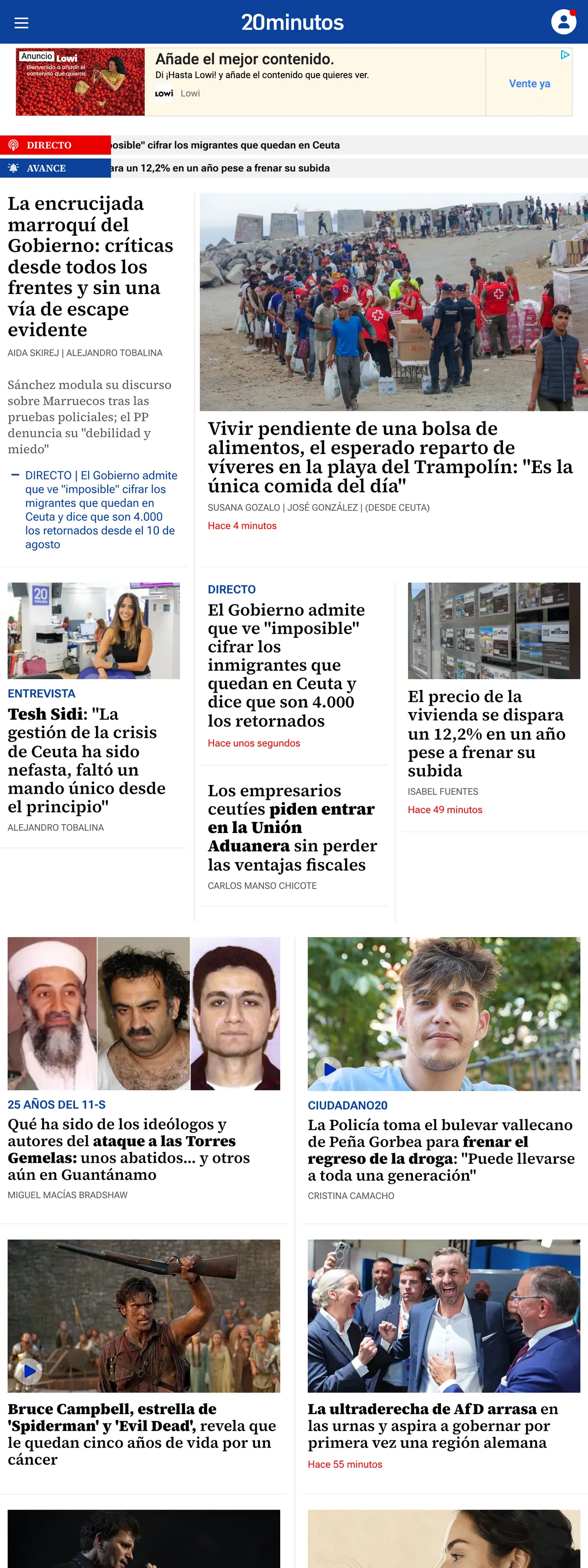 Screenshot of the 20minutos front page