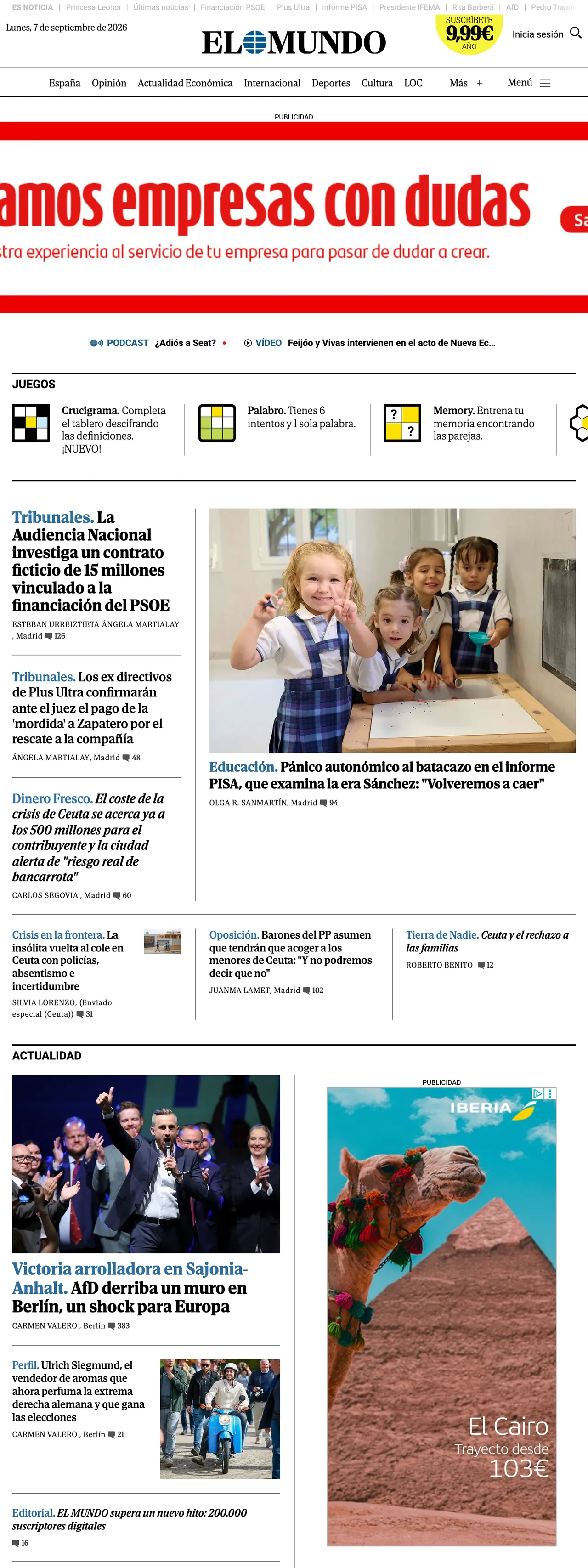 Screenshot of the El Mundo front page