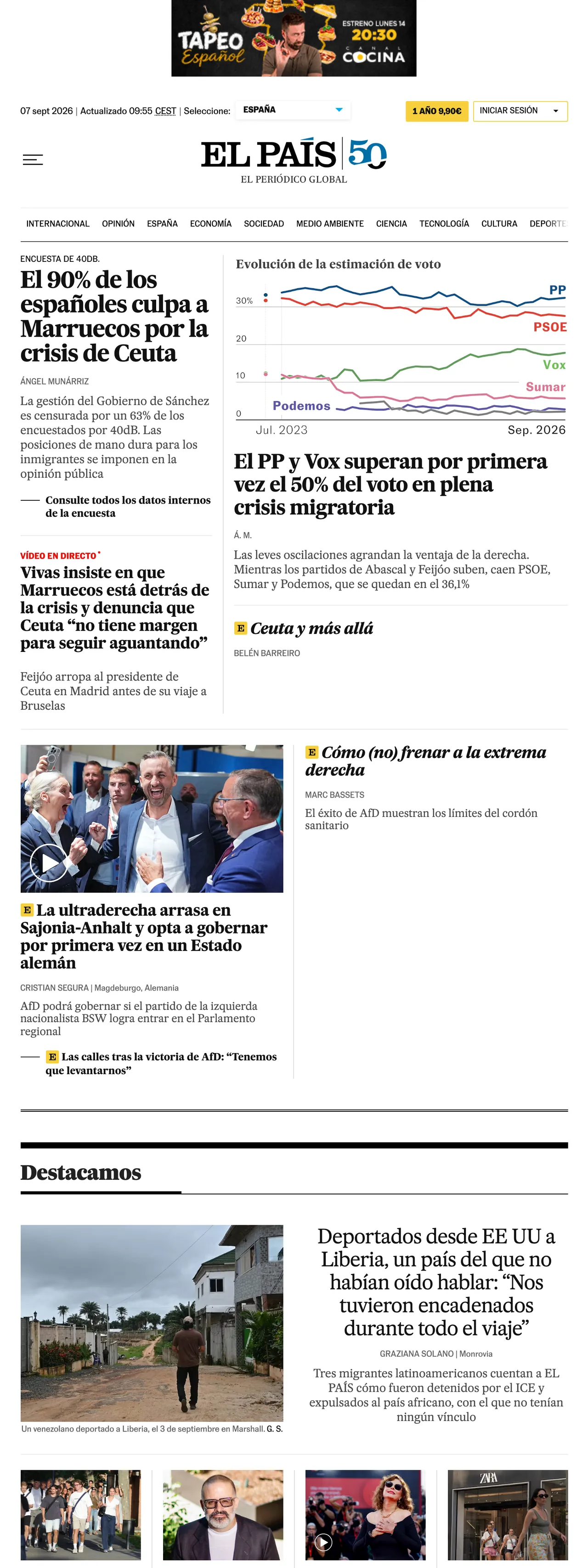 Screenshot of the EL PAÍS front page