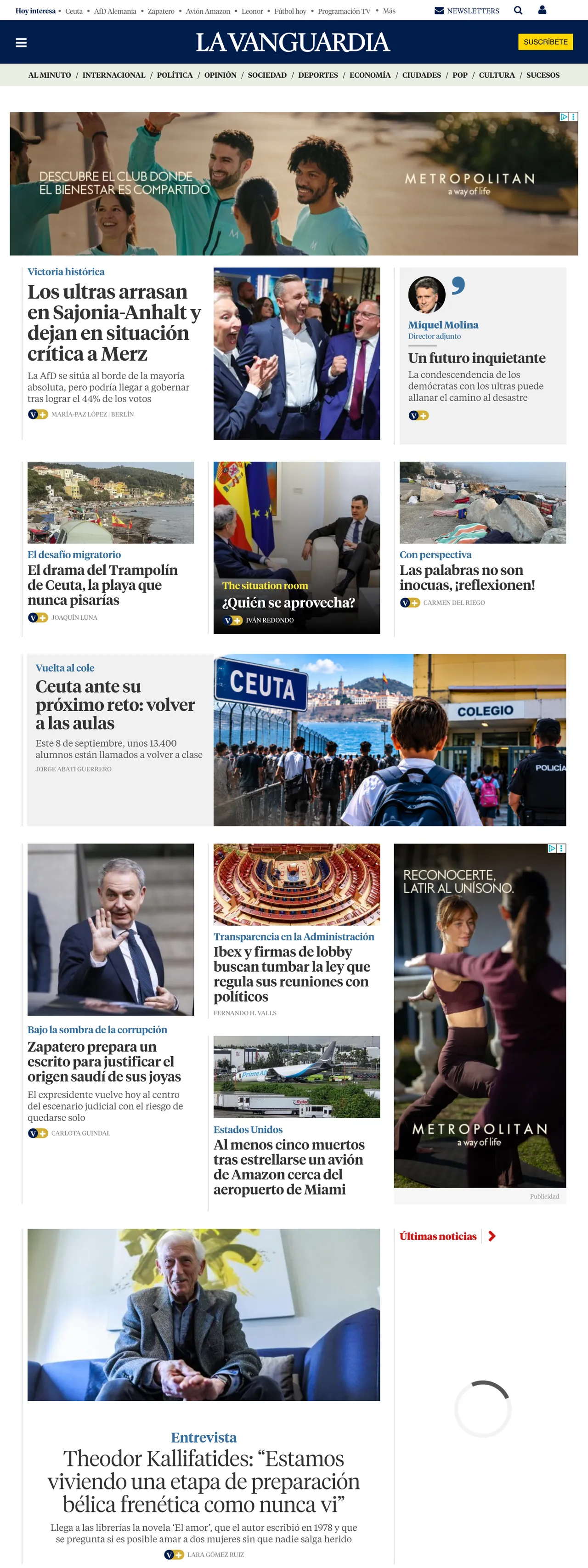 Screenshot of the La Vanguardia front page