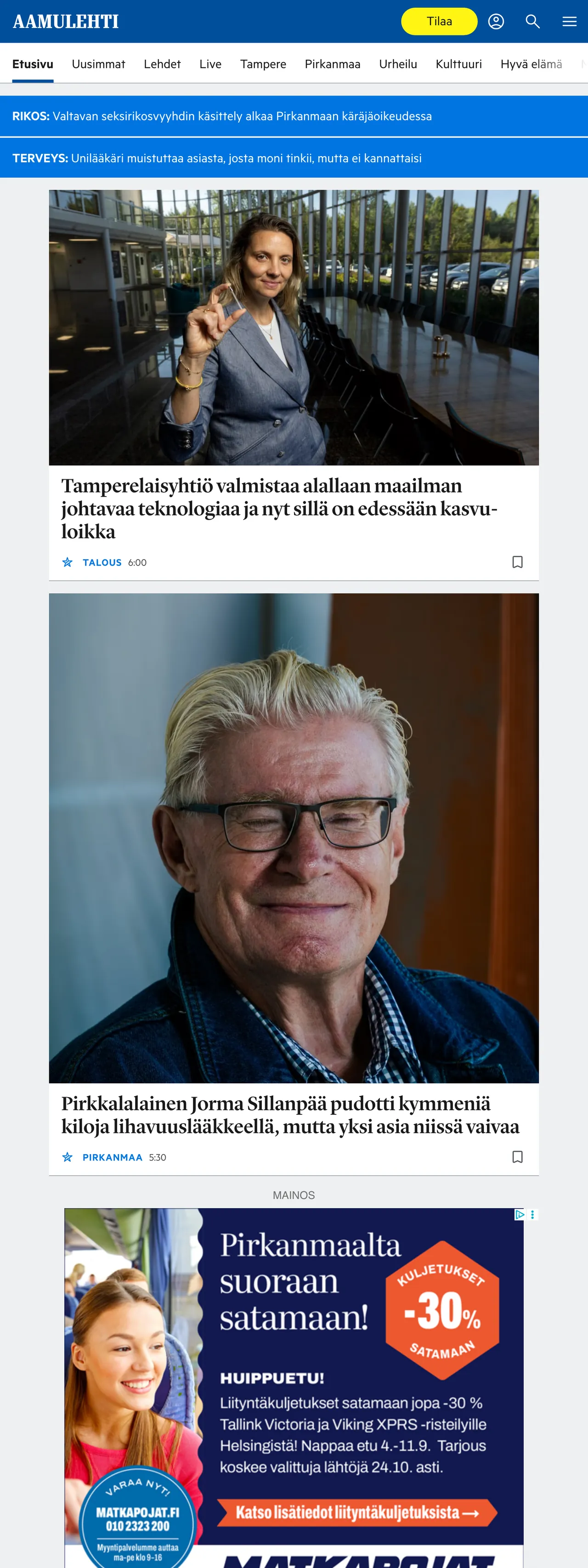 Screenshot of the Aamulehti front page