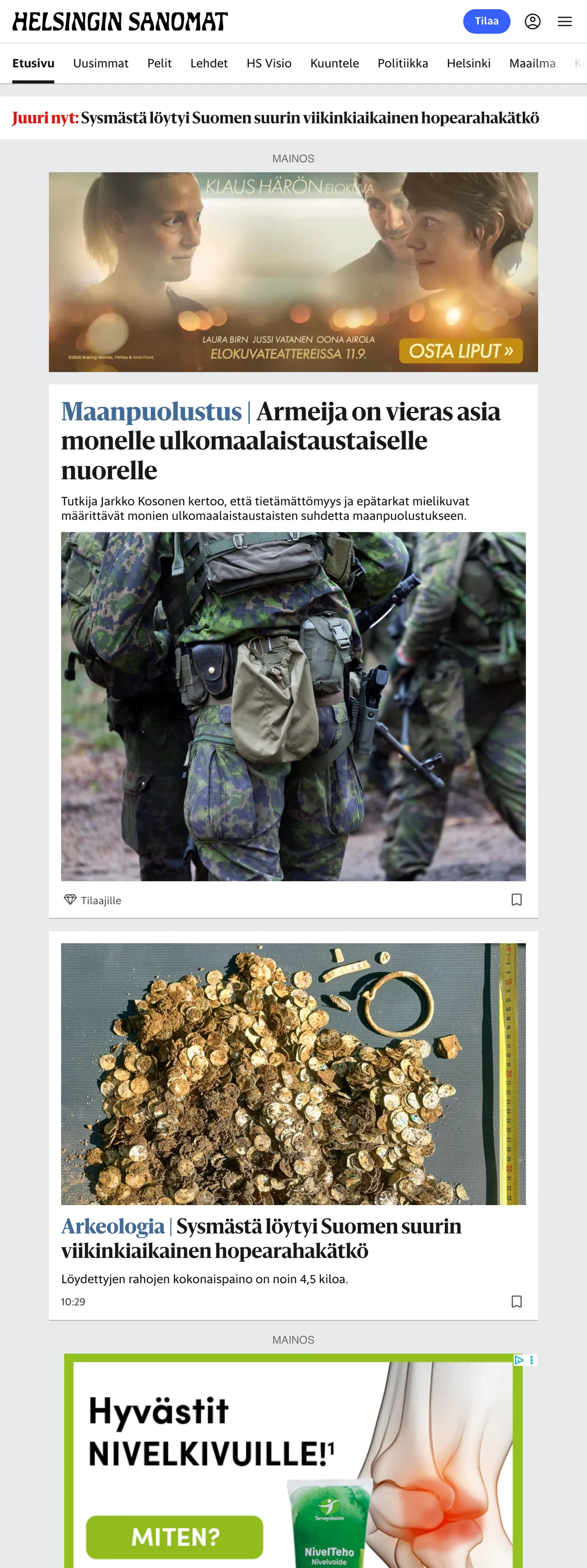 Screenshot of the Helsingin Sanomat front page