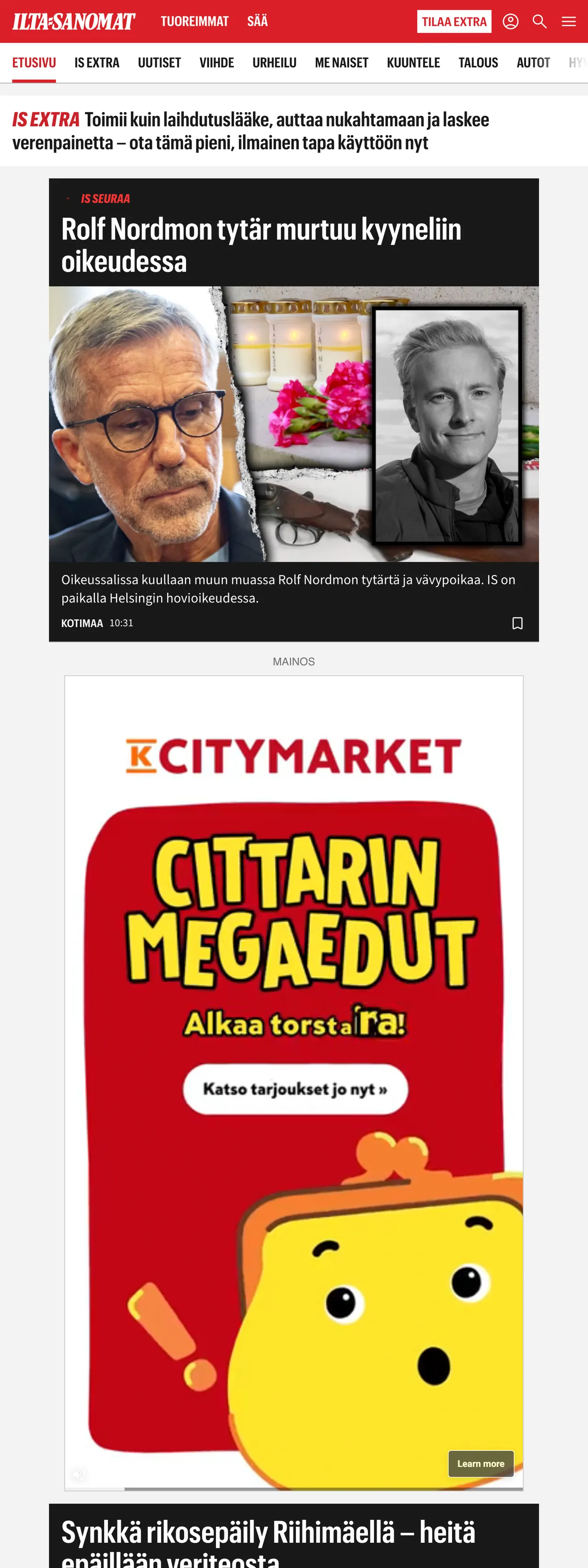 Screenshot of the Ilta-Sanomat front page