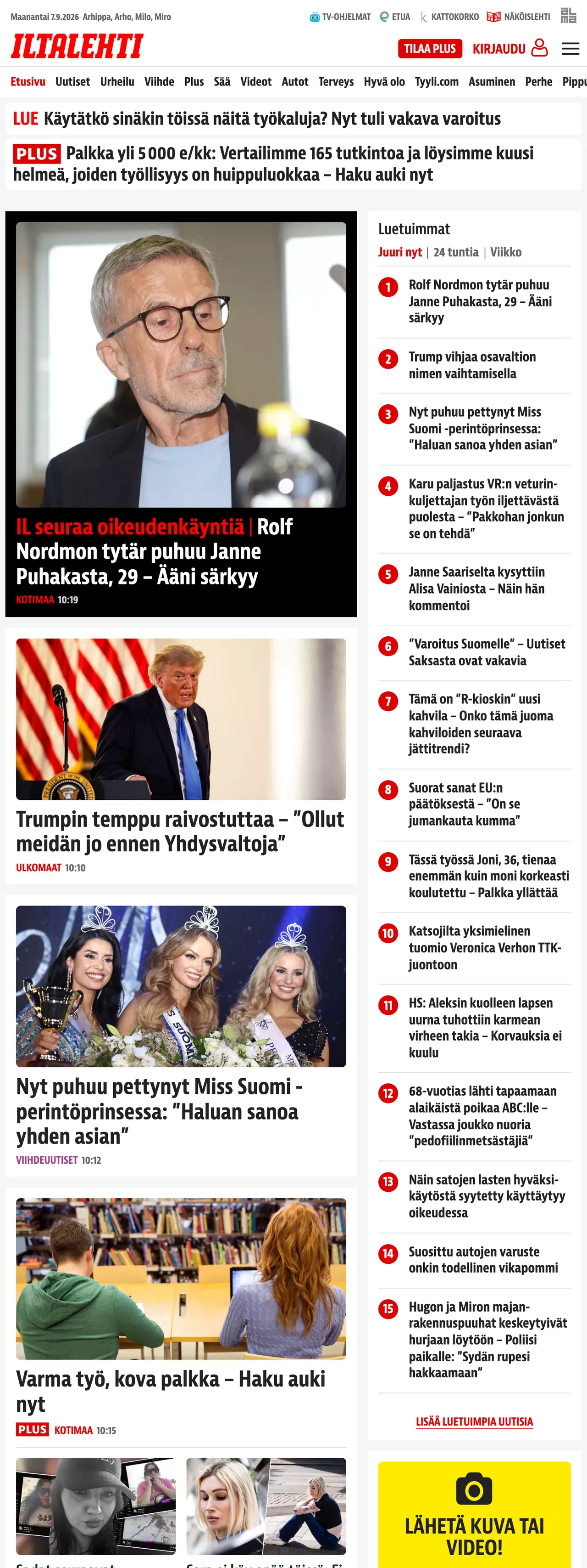 Screenshot of the Iltalehti front page