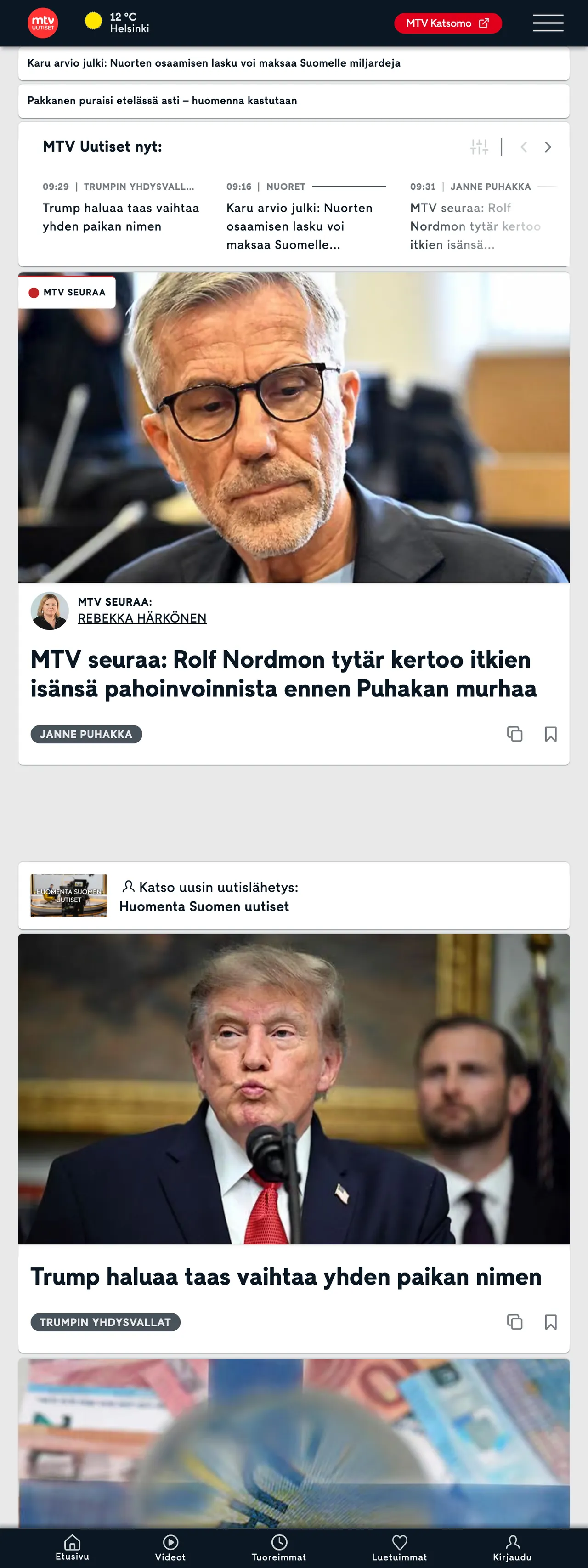 Screenshot of the MTV Uutiset front page