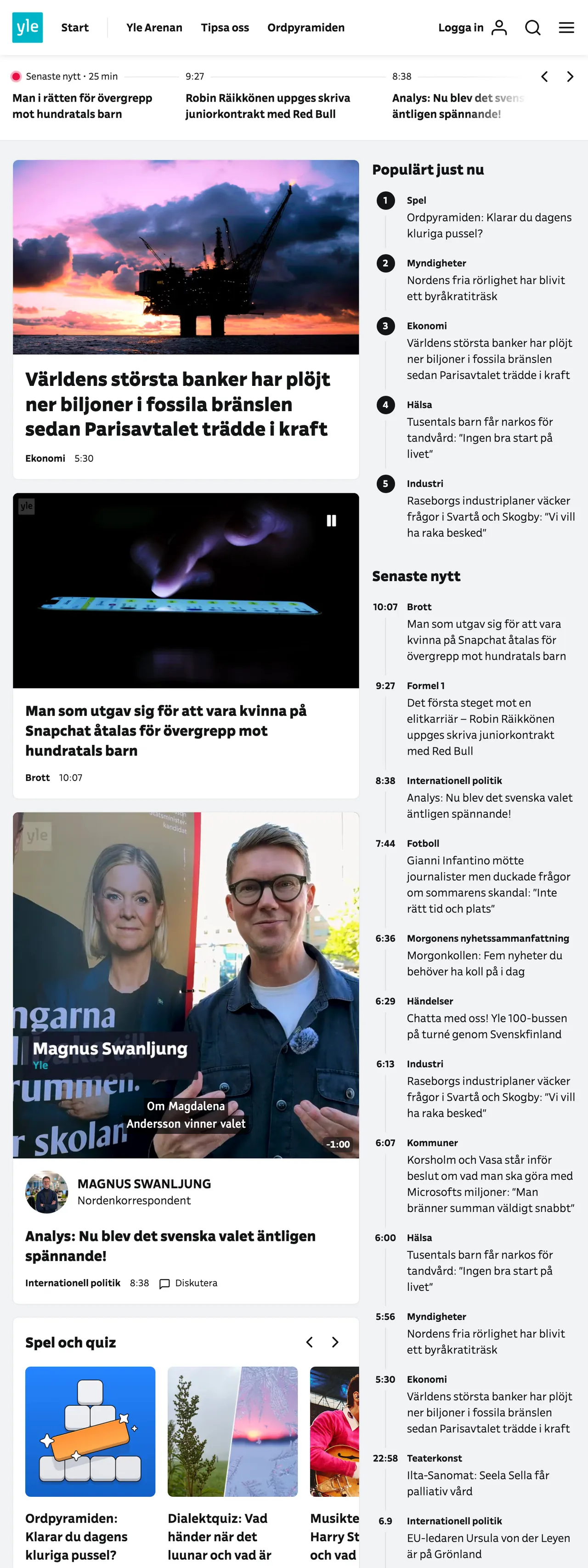 Screenshot of the Svenska Yle front page