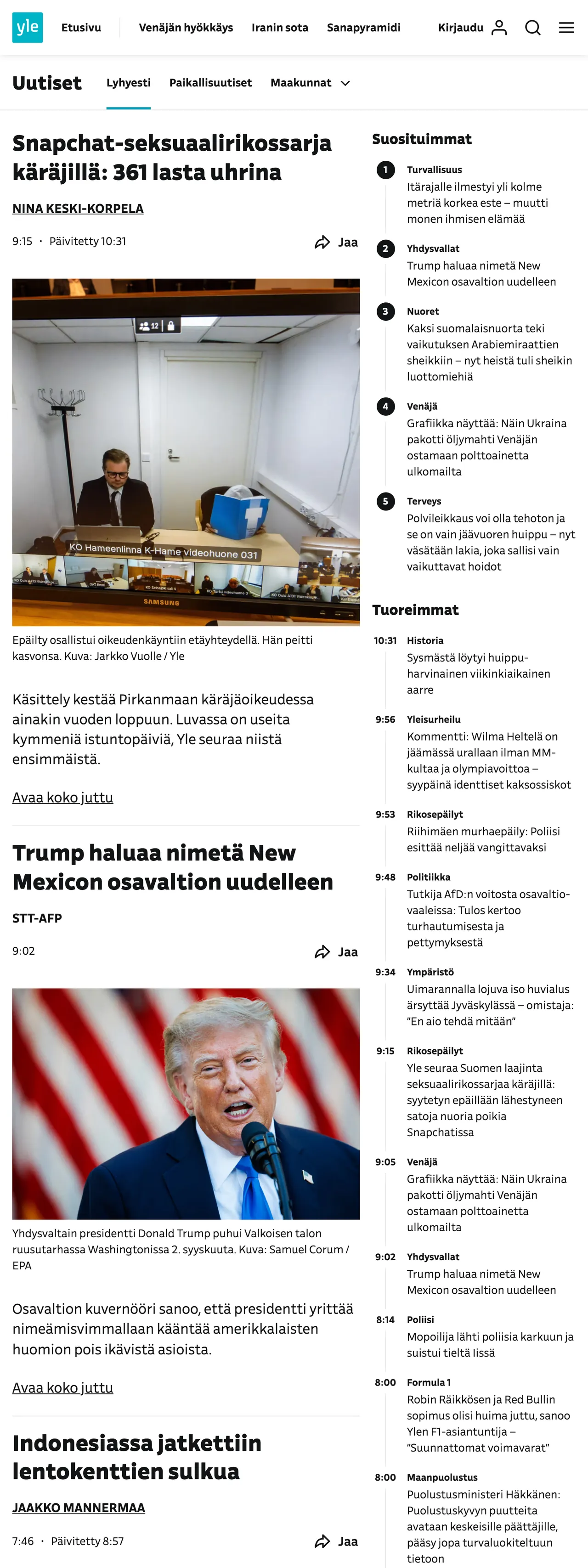 Screenshot of the Yle front page