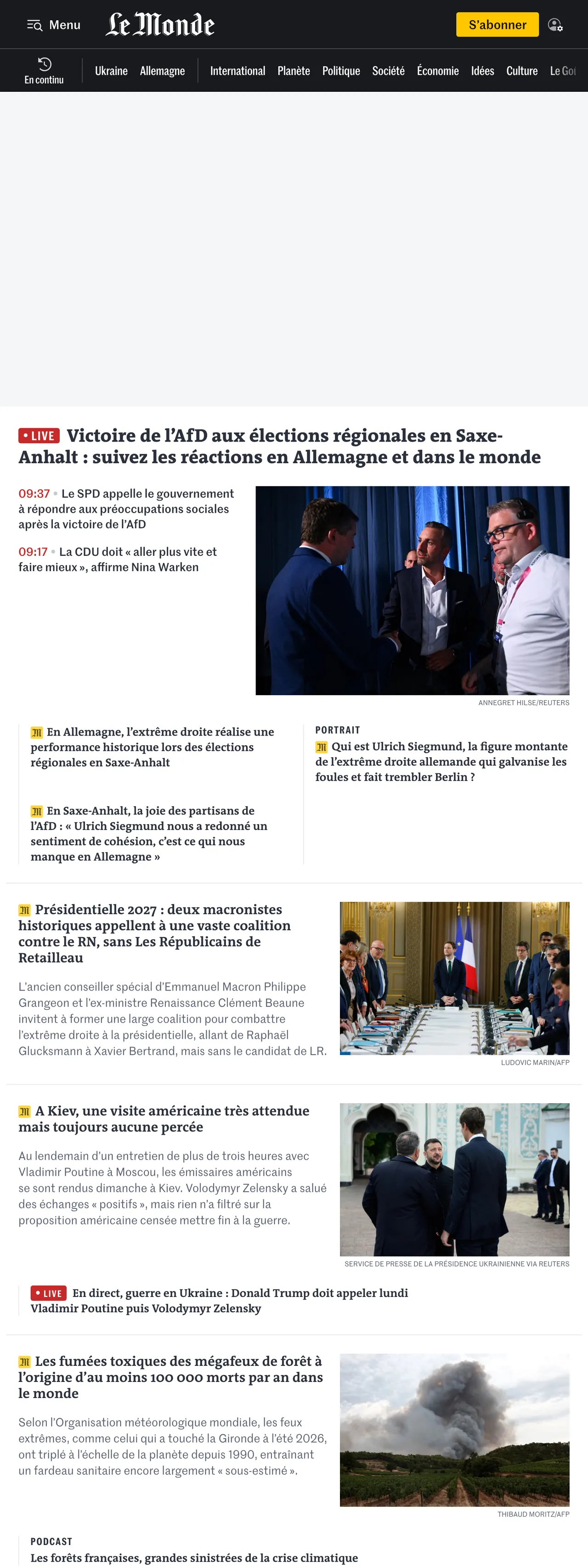 Screenshot of the Le Monde front page