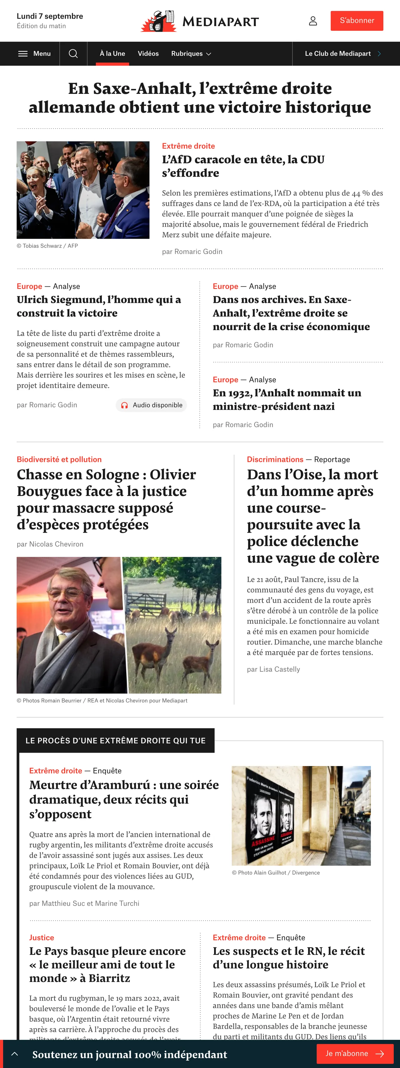 Screenshot of the Mediapart front page
