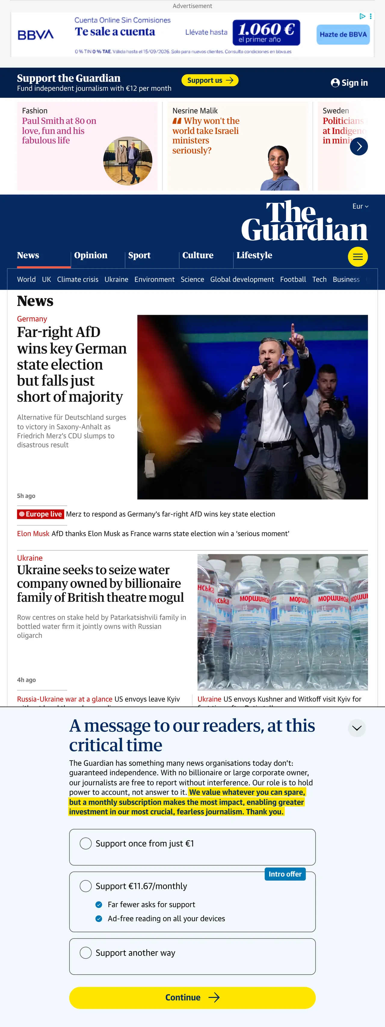 Screenshot of the The Guardian front page