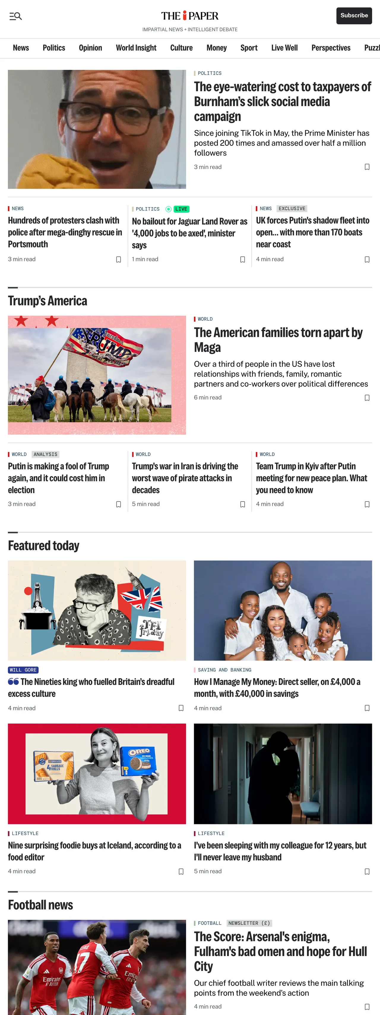 Screenshot of the The i Paper front page