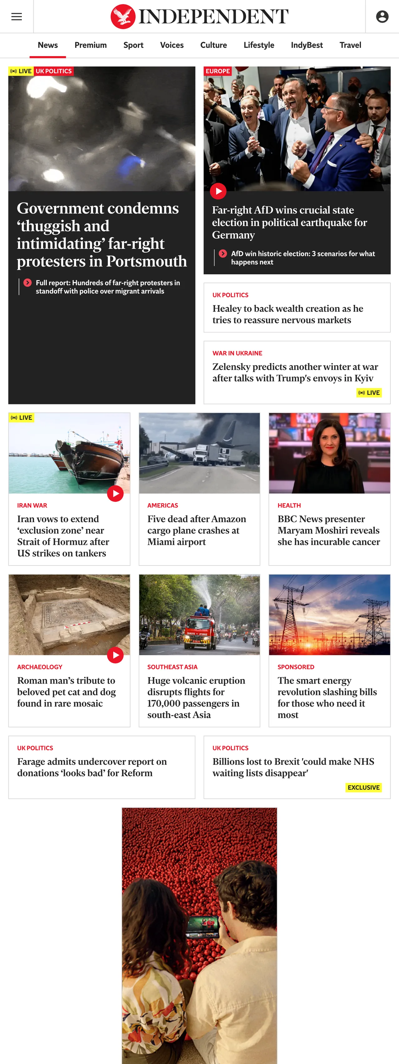 Screenshot of the The Independent front page