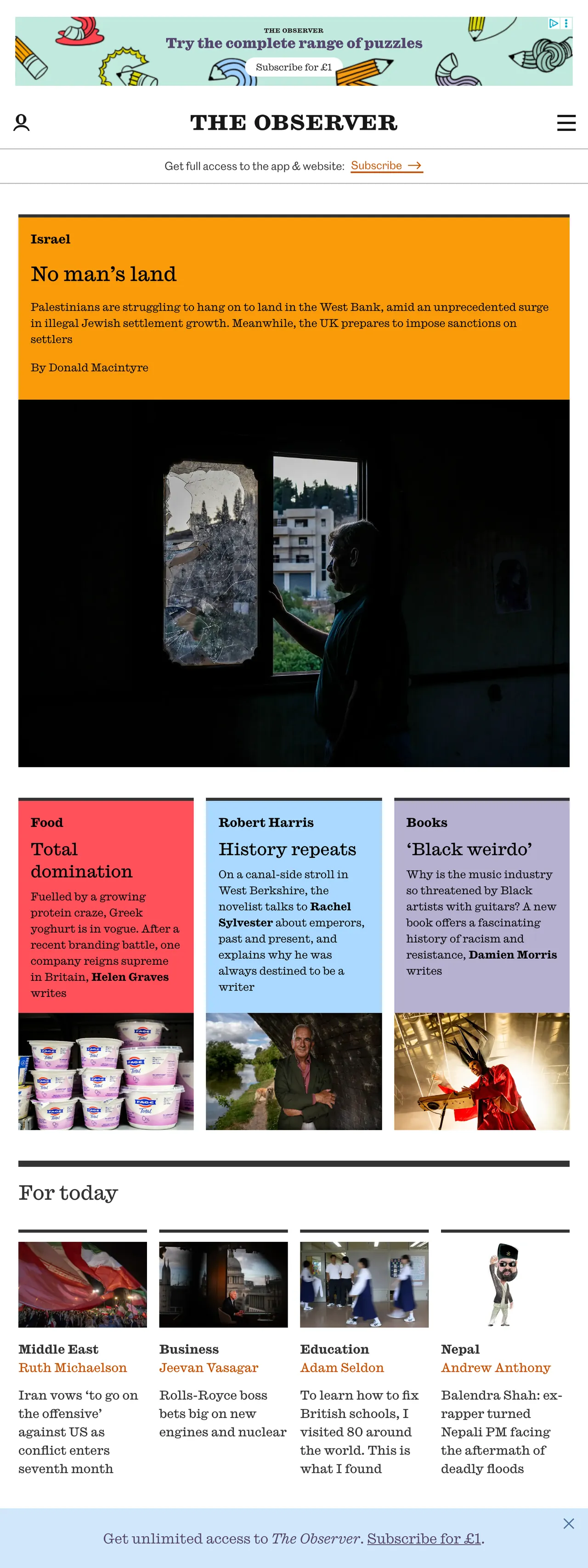 Screenshot of the The Observer front page