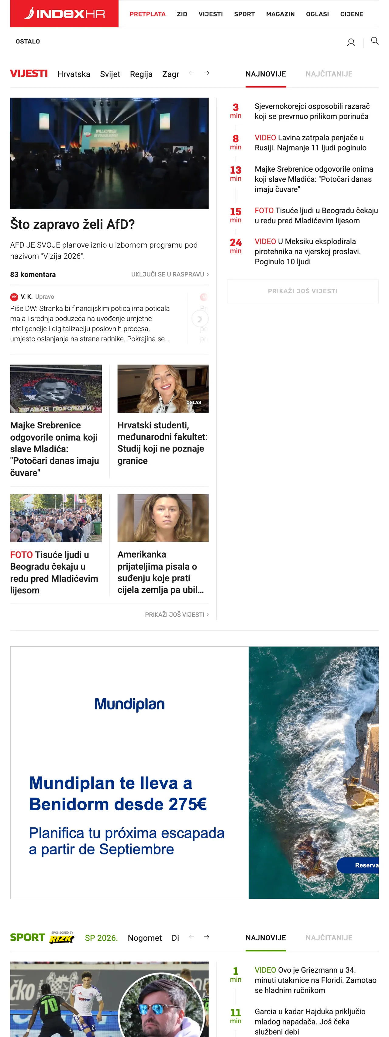 Screenshot of the Index.hr front page