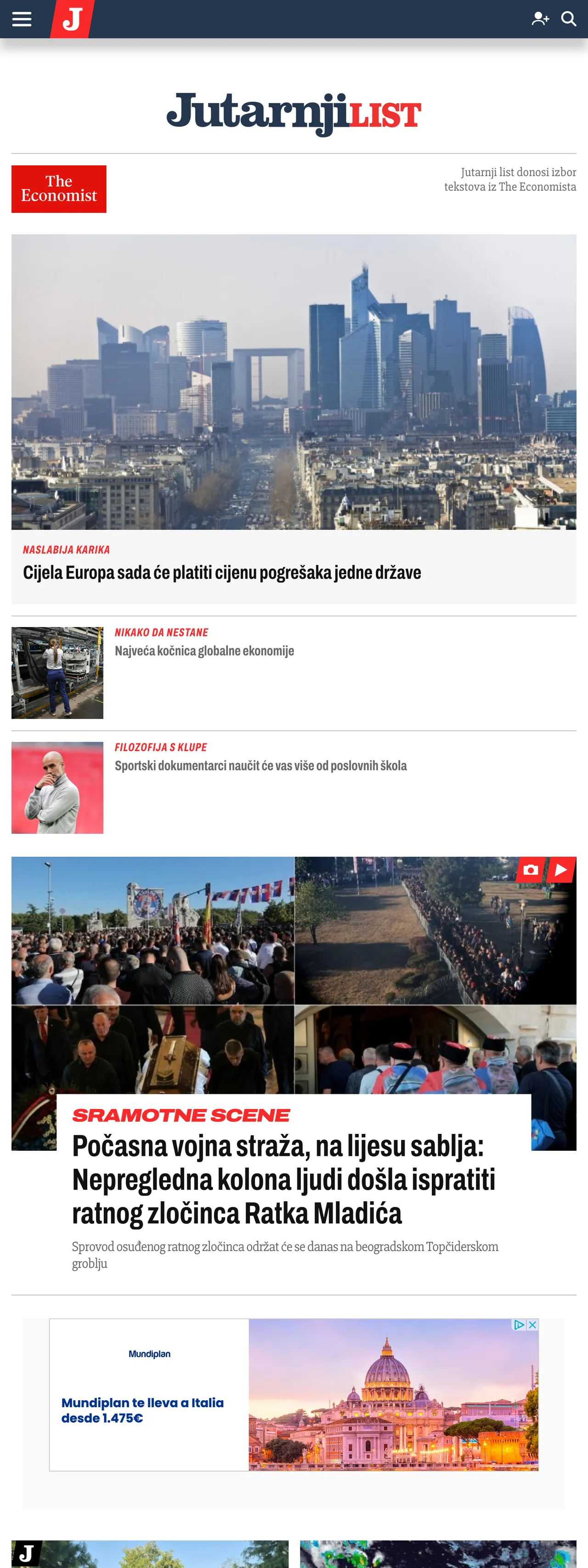 Screenshot of the Jutarnji list front page