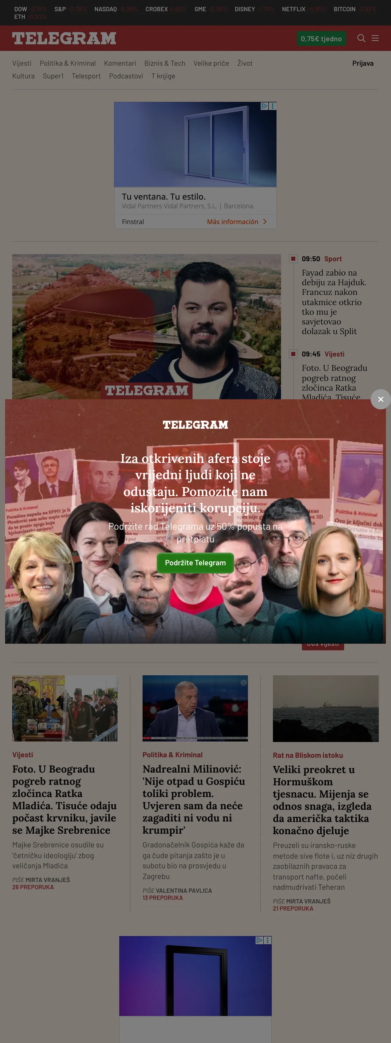 Screenshot of the Telegram.hr front page