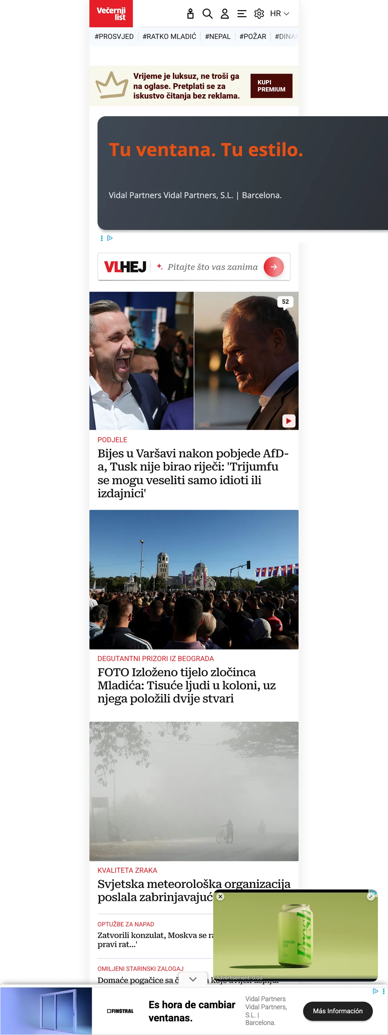 Screenshot of the Večernji list front page