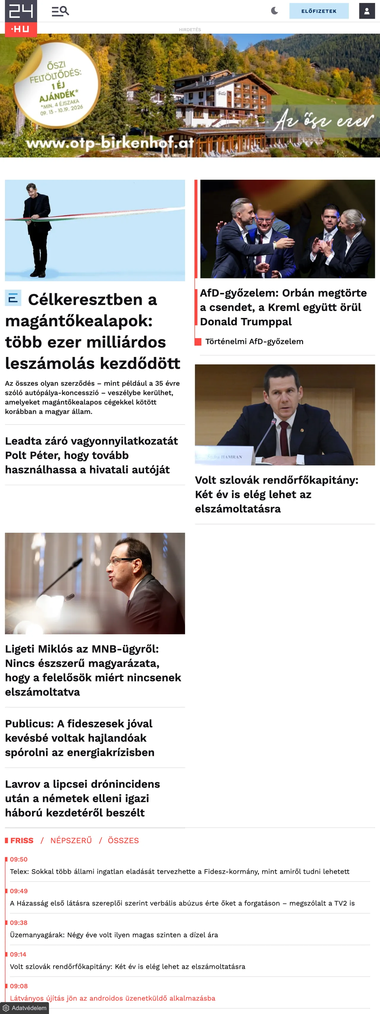 Screenshot of the 24.hu front page