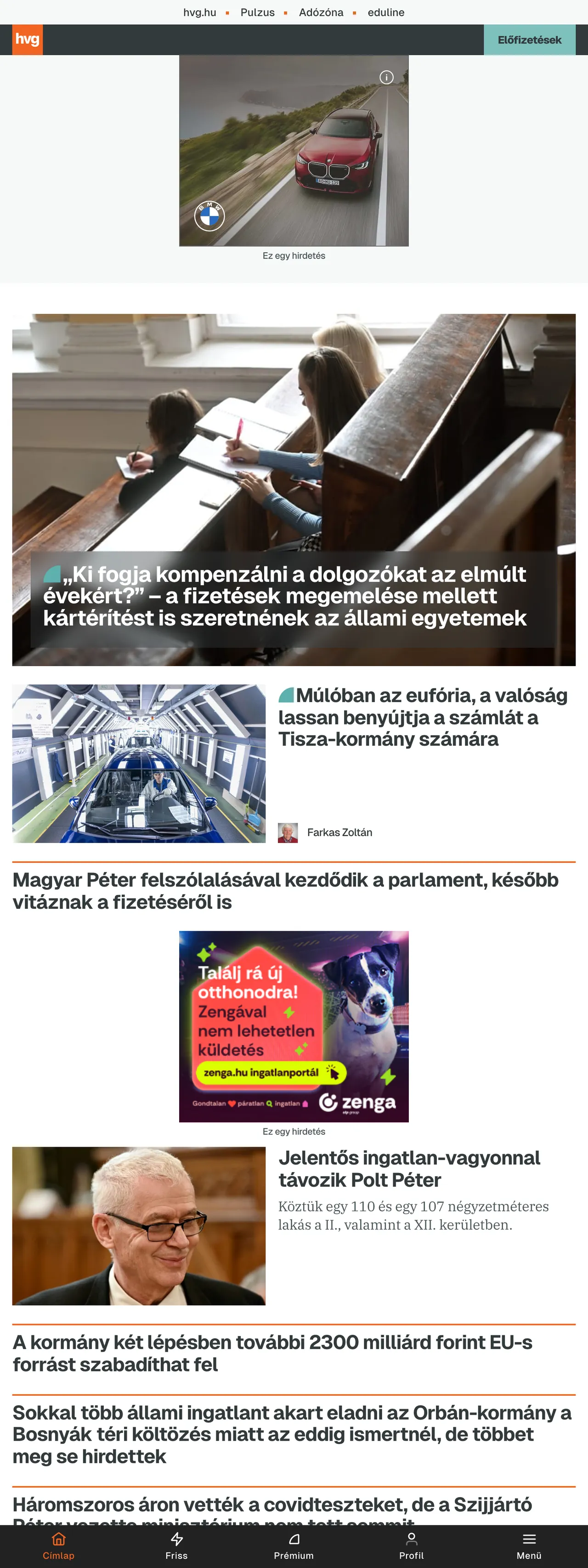 Screenshot of the HVG front page