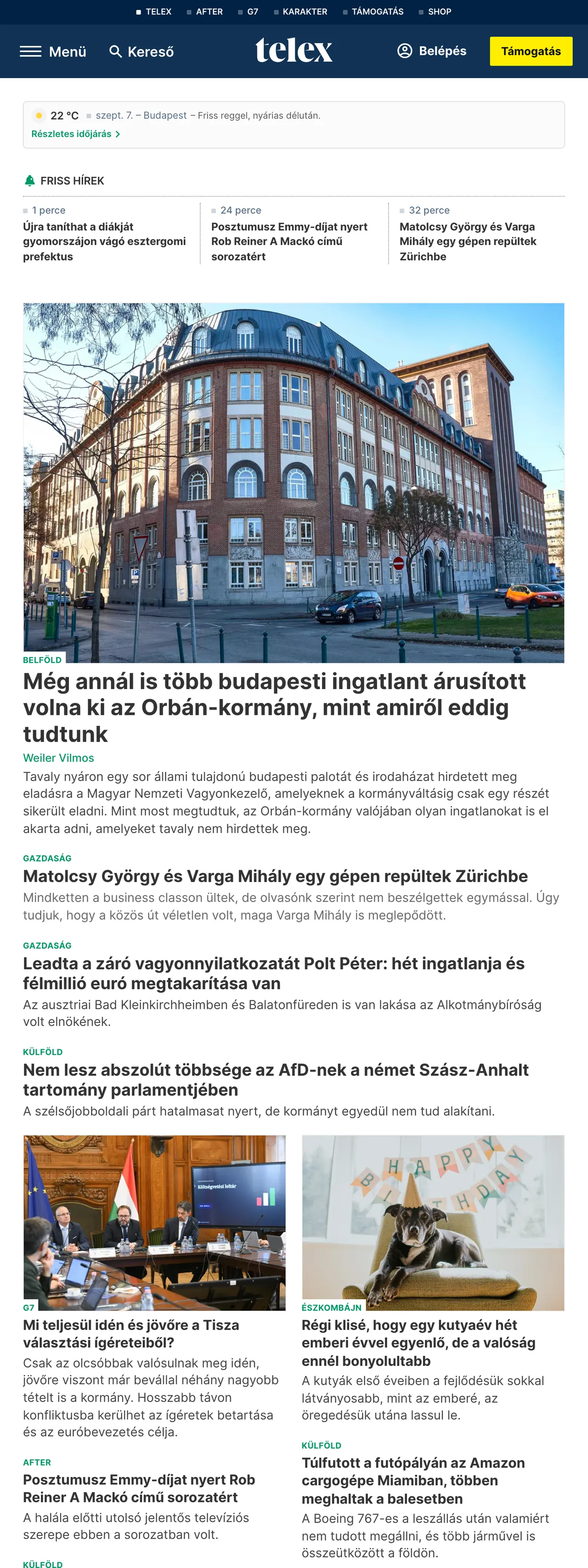 Screenshot of the Telex front page