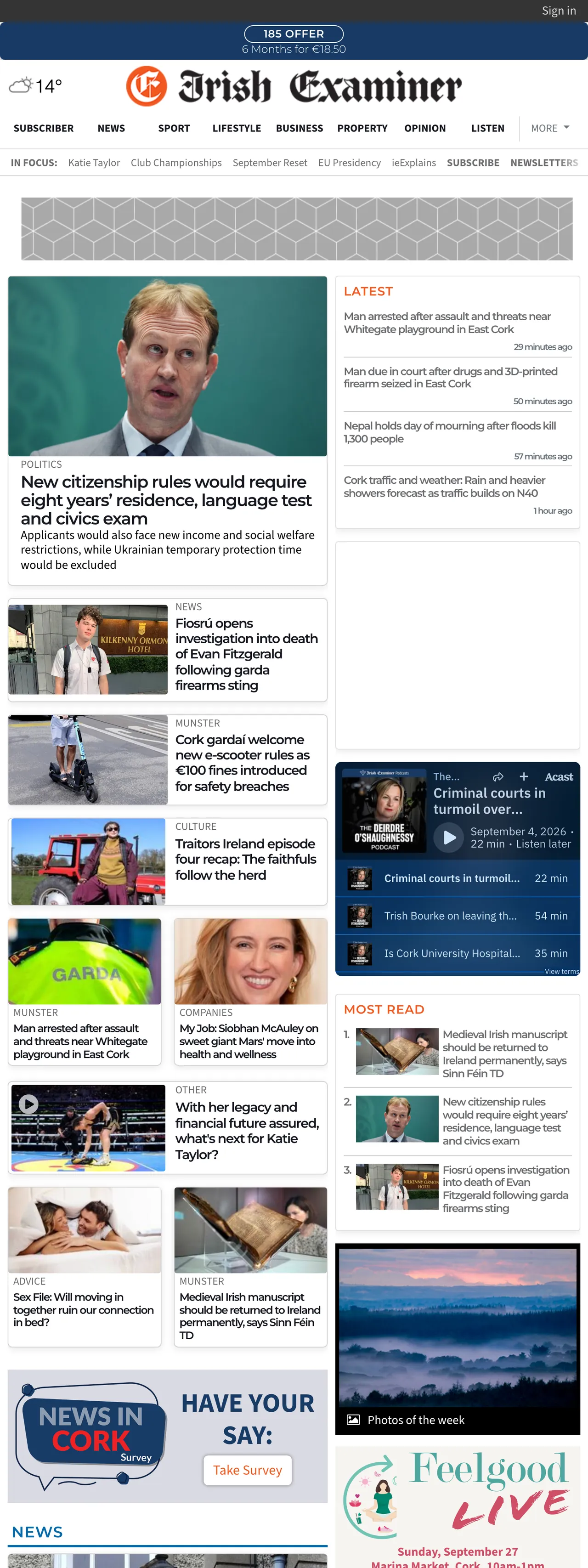 Screenshot of the Irish Examiner front page